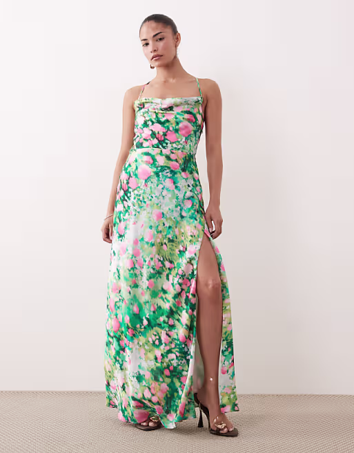 Hope & Ivy Petite cowl neck tie back slit front satin maxi dress in green garden floral