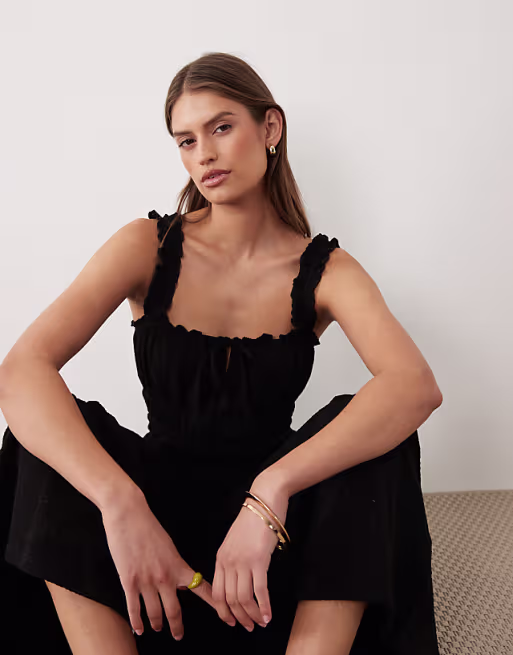 Miss Selfridge seersucker shirred detail maxi dress in black