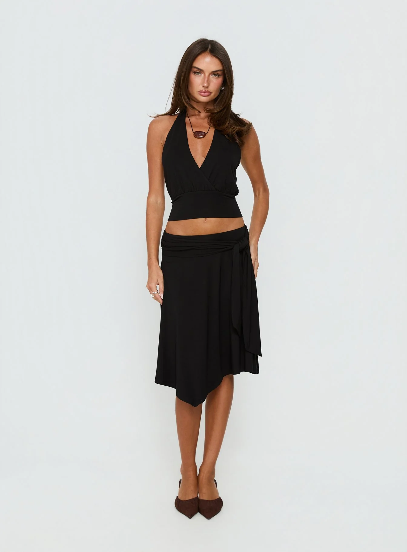 Soft Focus Tie Waist Midi Skirt Black