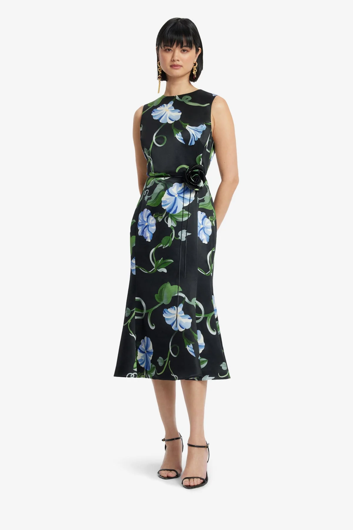 Olive Midi Dress - Vine Print in Ebony