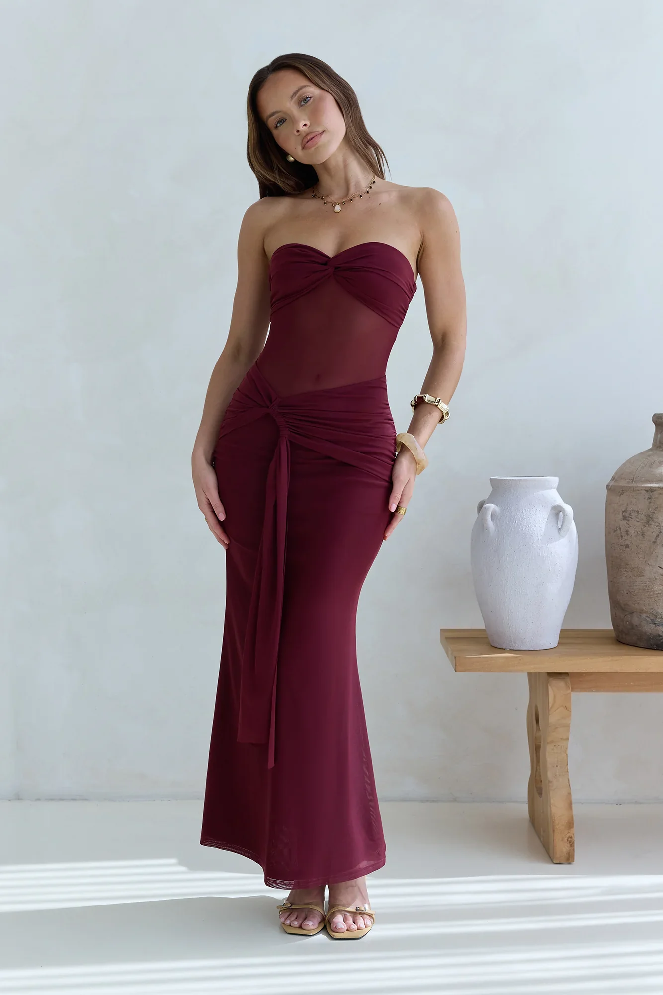 Caught Your Eye Mesh Strapless Maxi Dress Burgundy