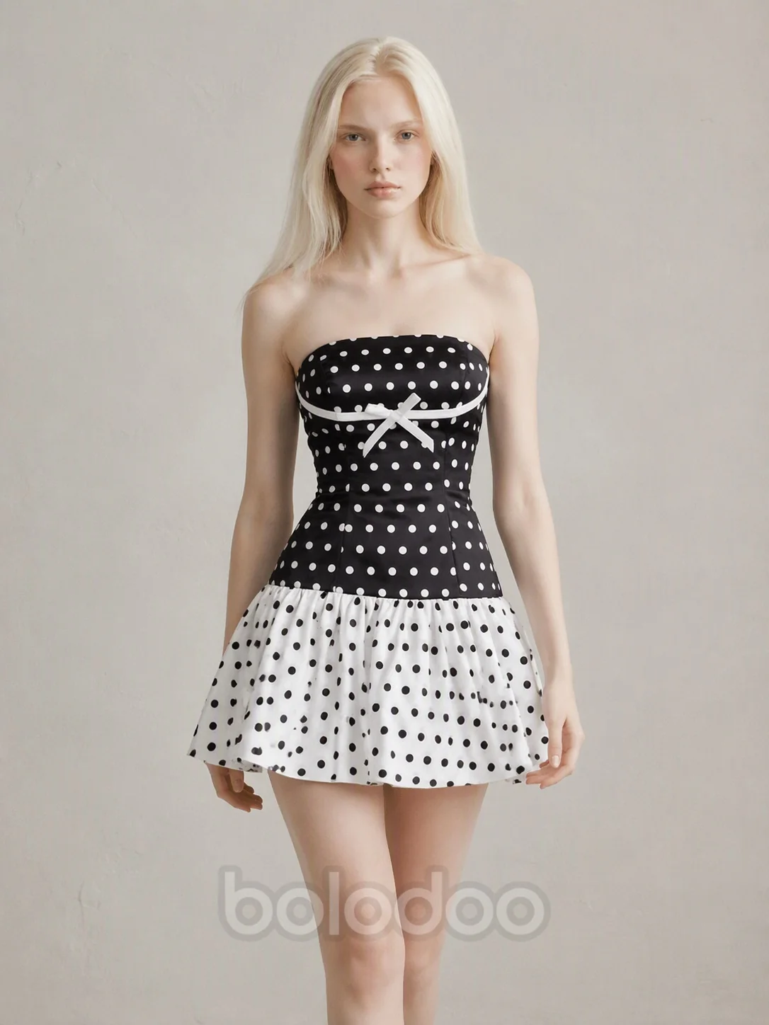 BOLODOO Black White Polka Dot Bow Strapless Fit-and-Flare Mini Dress