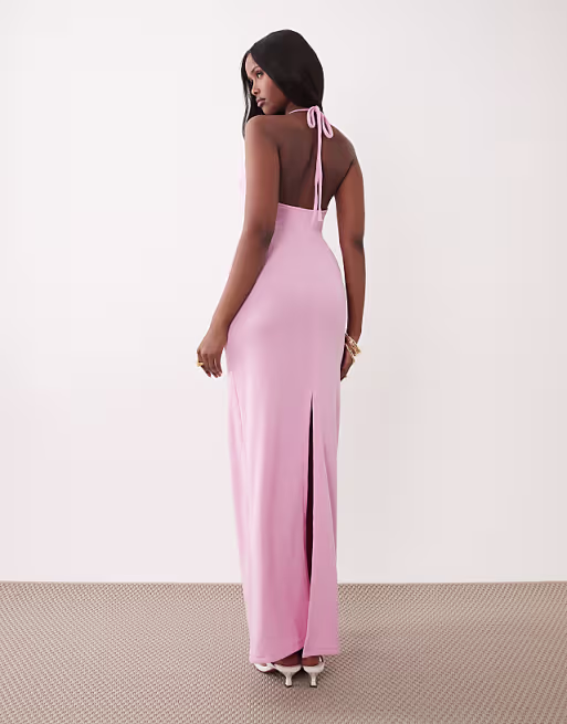 South Beach halterneck maxi dress with wrap waist in baby pink