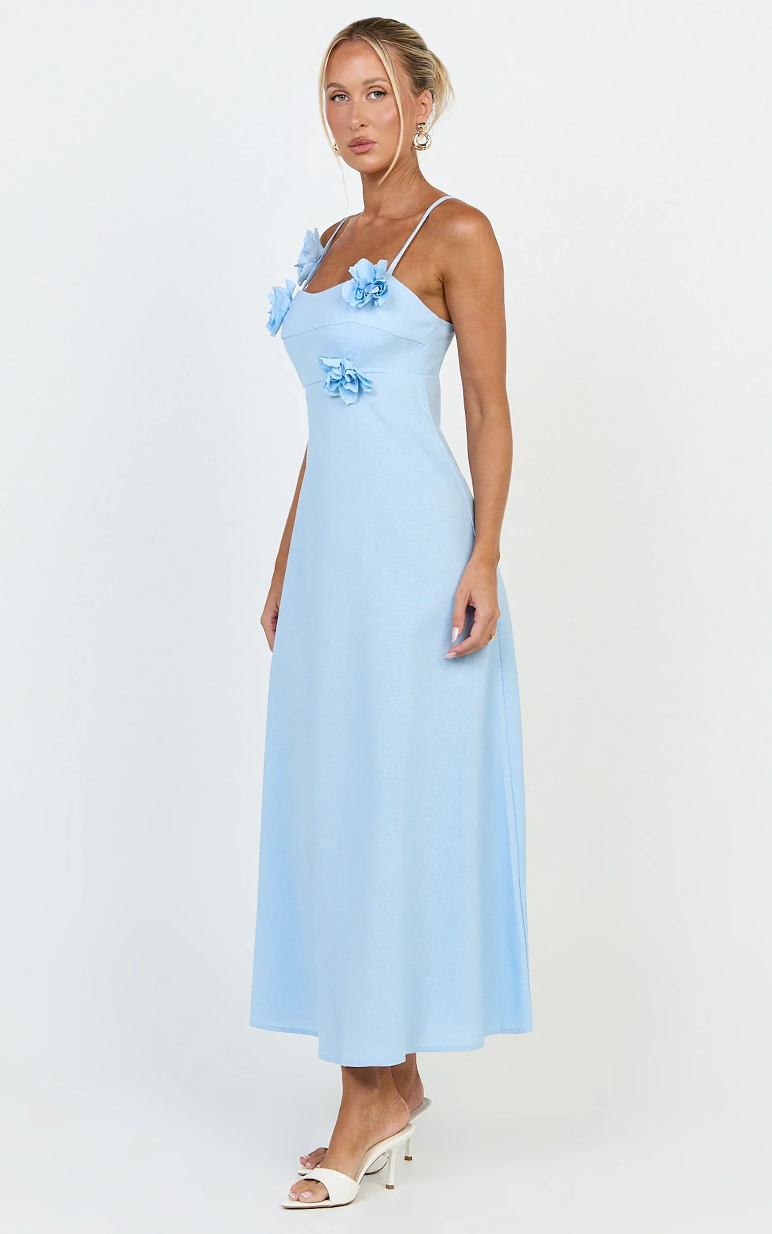 Ondine Midi Dress - 3D Flower Strappy Dress in Blue