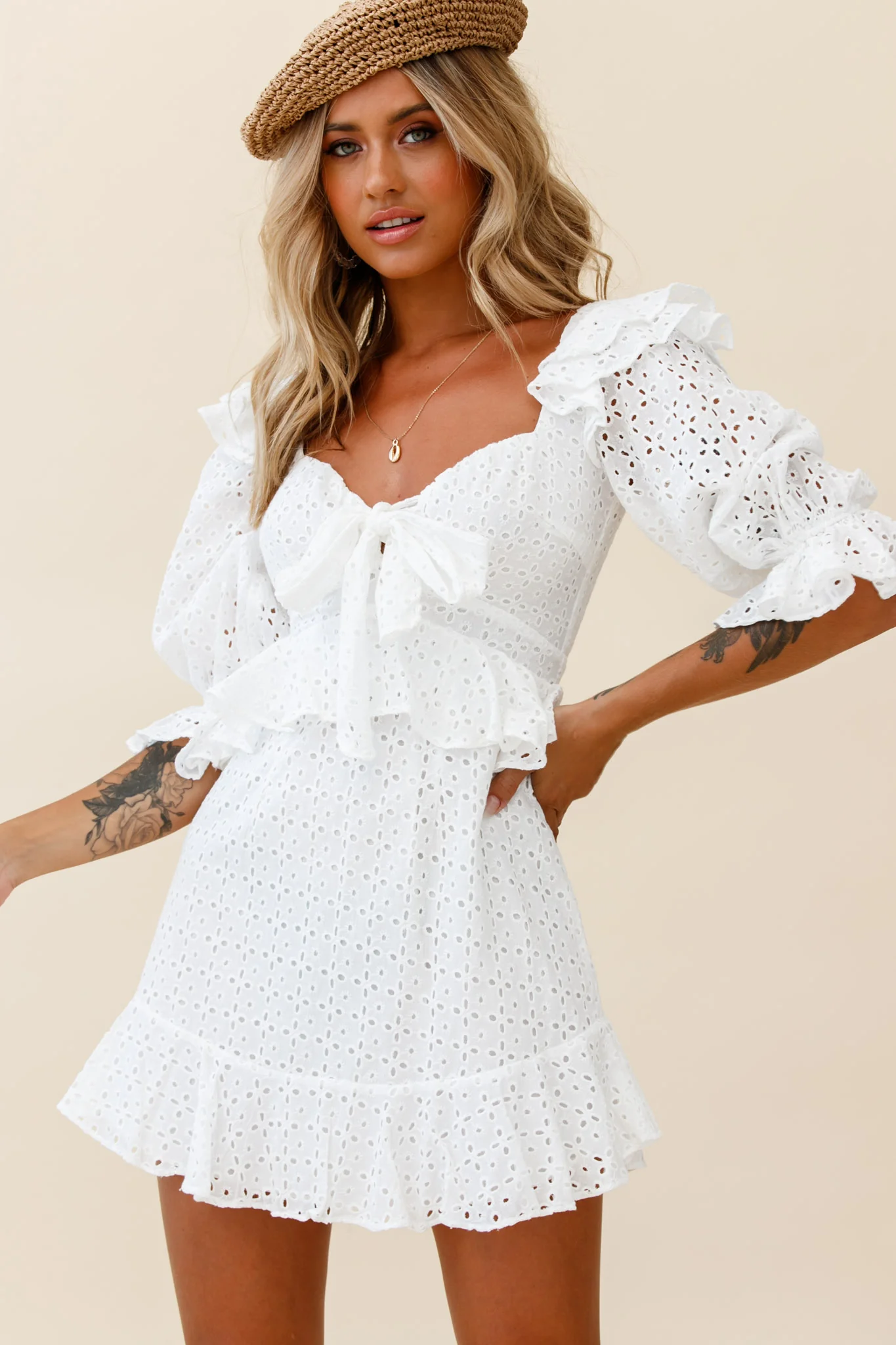 Say That Again Bust Tie Ruffle Trim Dress White