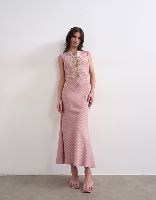 Topshop delicate tie front dress in pink stripe