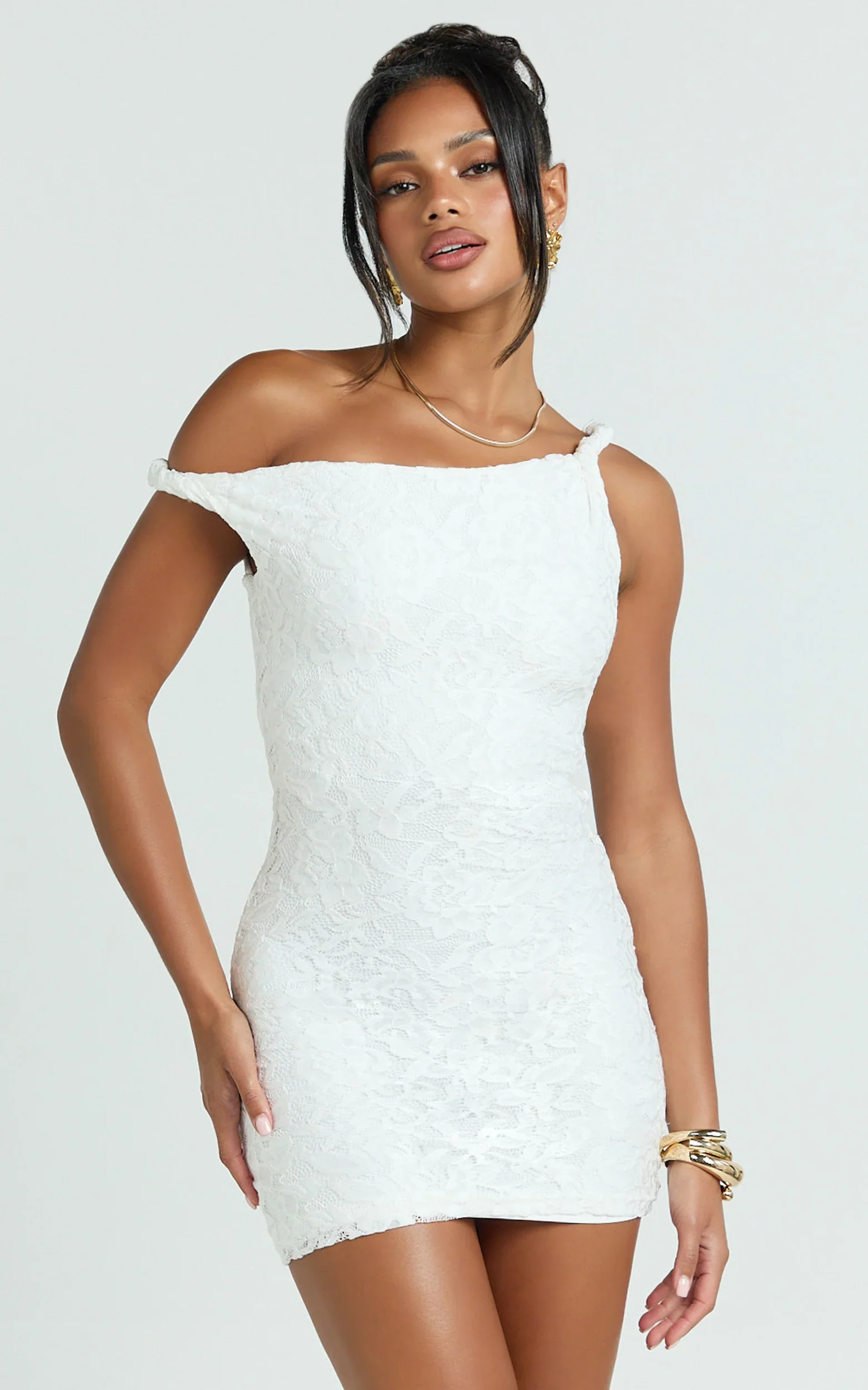 Miller Mini Dress - Lace Twist Off Shoulder Bodycon Dress in White