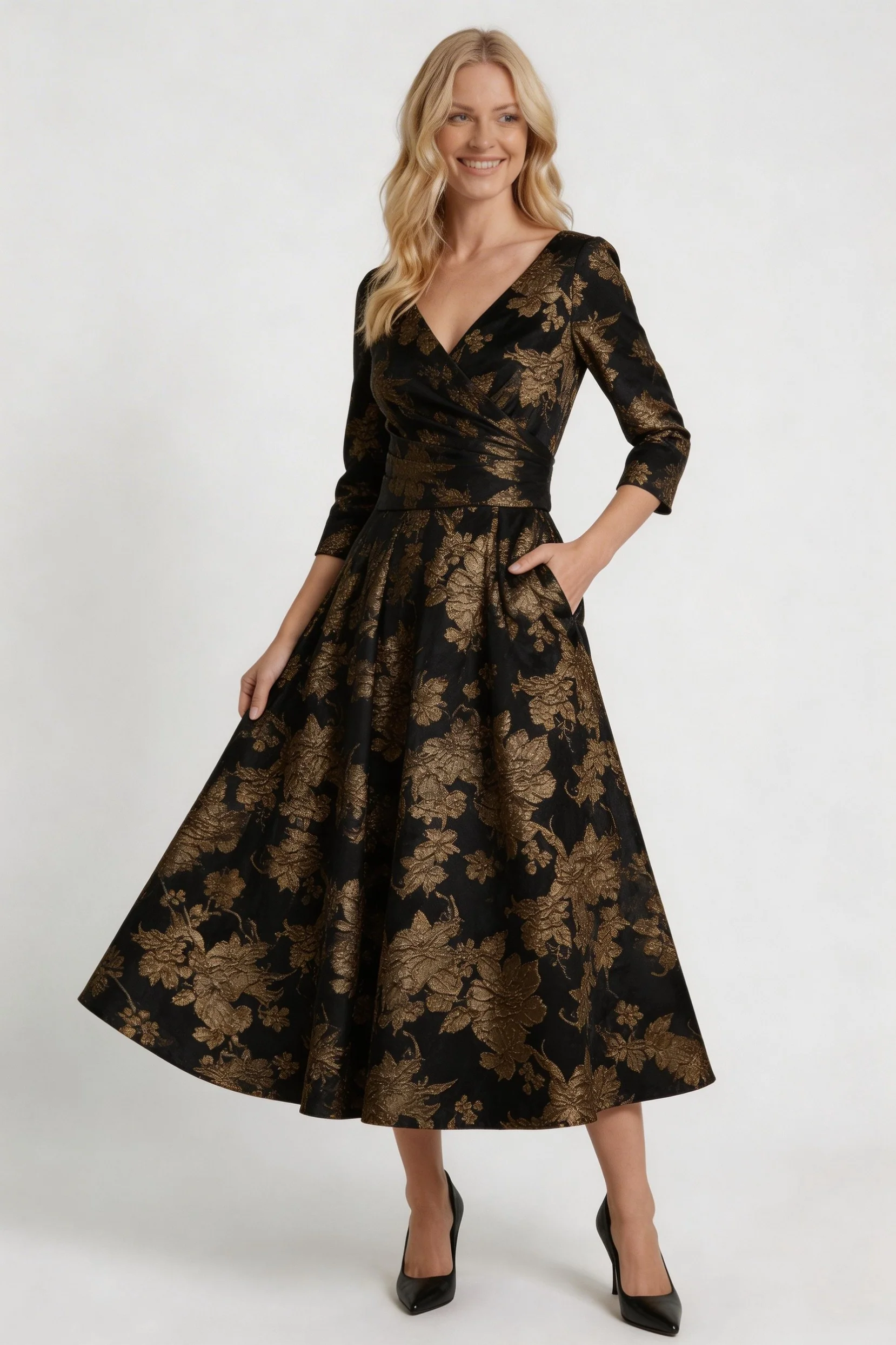 A-Line Tea-Length Jacquard Mother of the Bride Dress CM0415