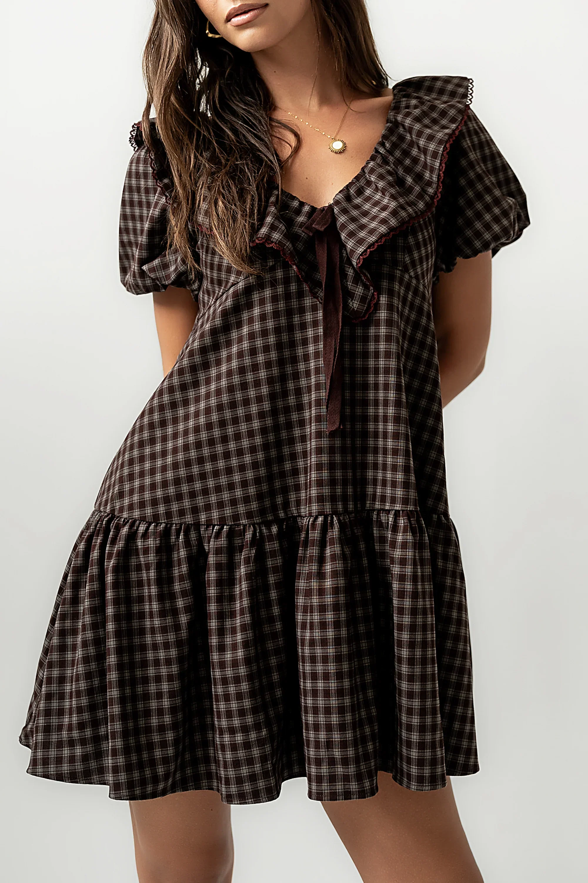 Tony Gingham Baby Doll Dress In Brown - FASHION NOB
