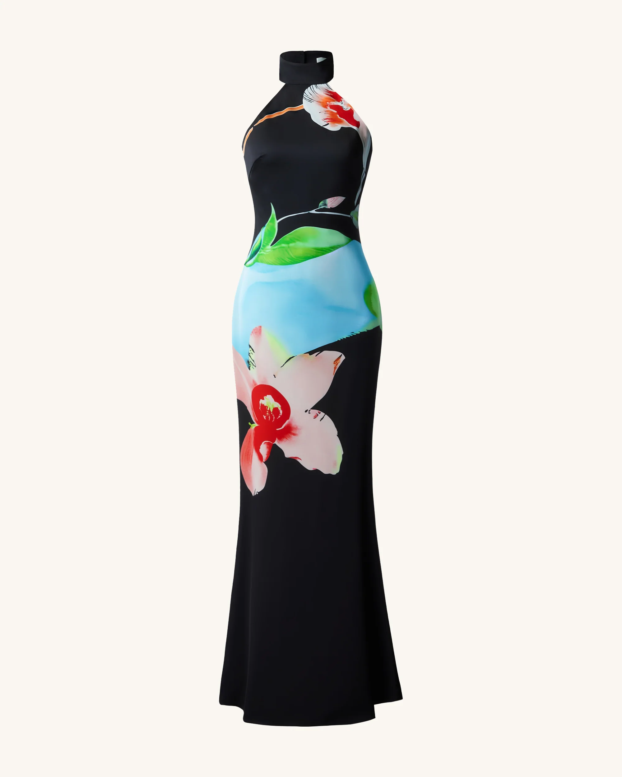 Floral Satin Halter Dress - Multicolor Black - FASHION NOB