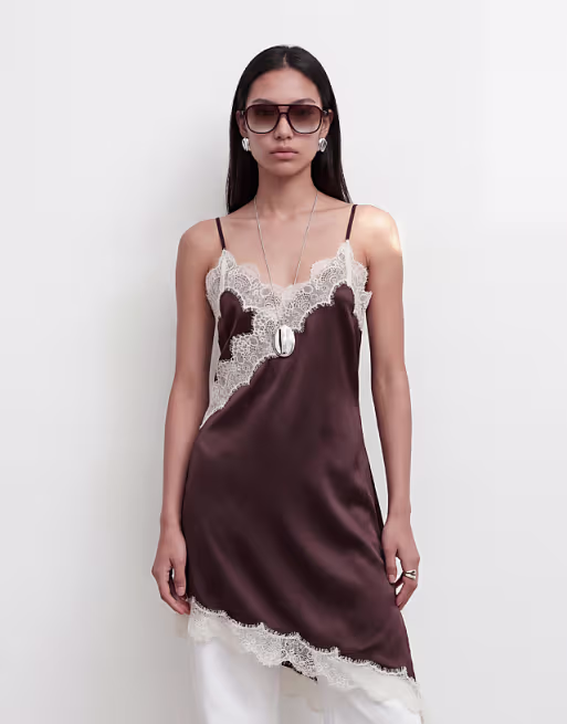 Noisy May satin asymmetric lace hem longline top in chocolate