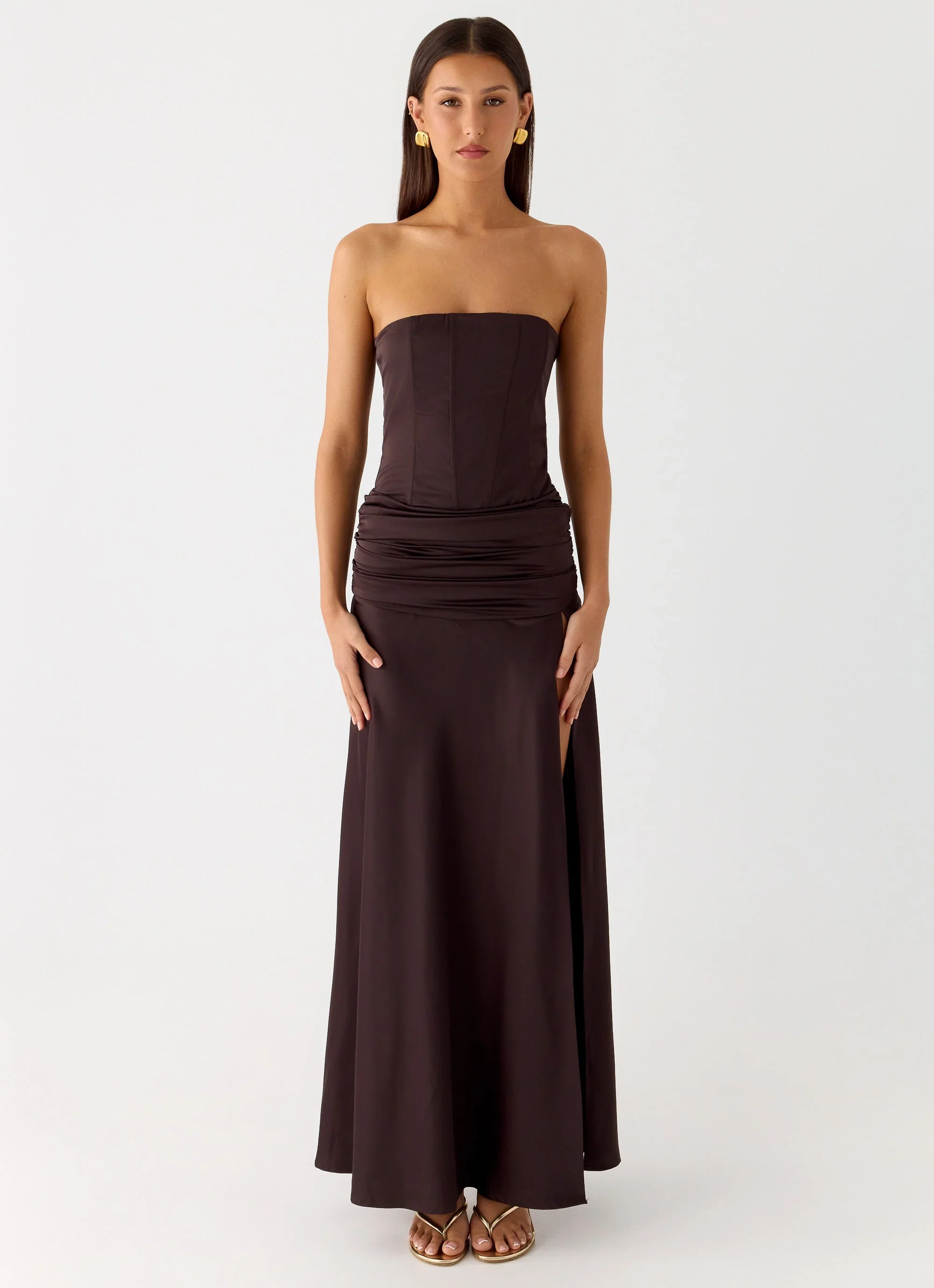Darana Corset Satin Maxi Dress - Chocolate