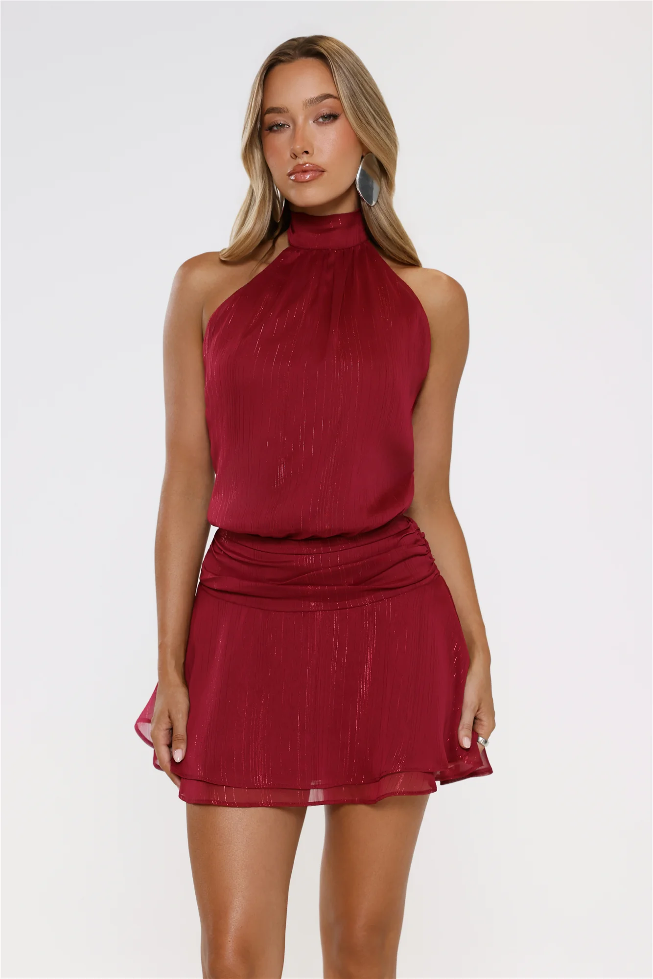 Flirty Halter Shimmer Mini Dress Wine