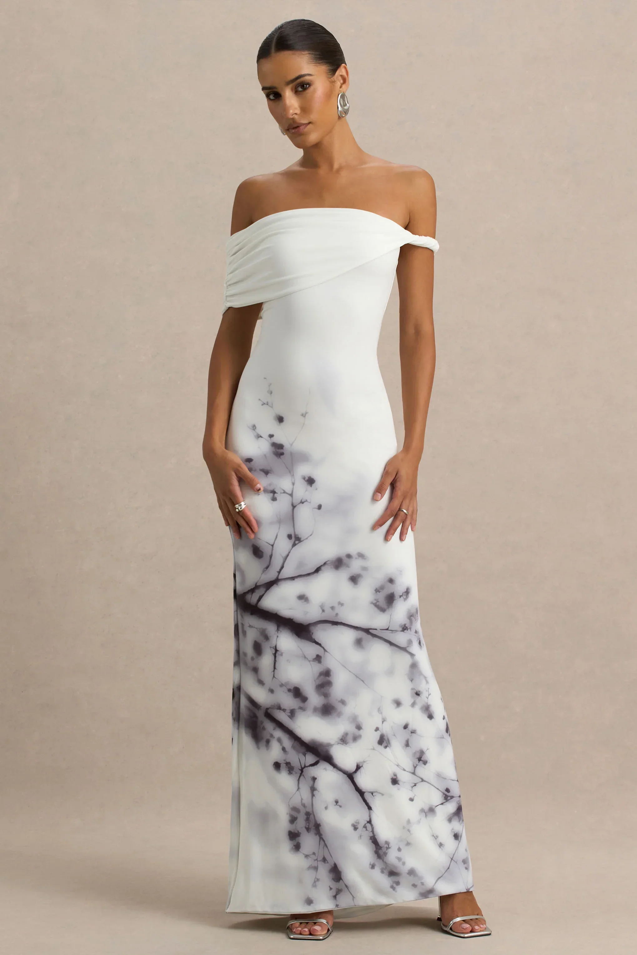 Sachi | White Print Twisted Bardot Maxi Dress