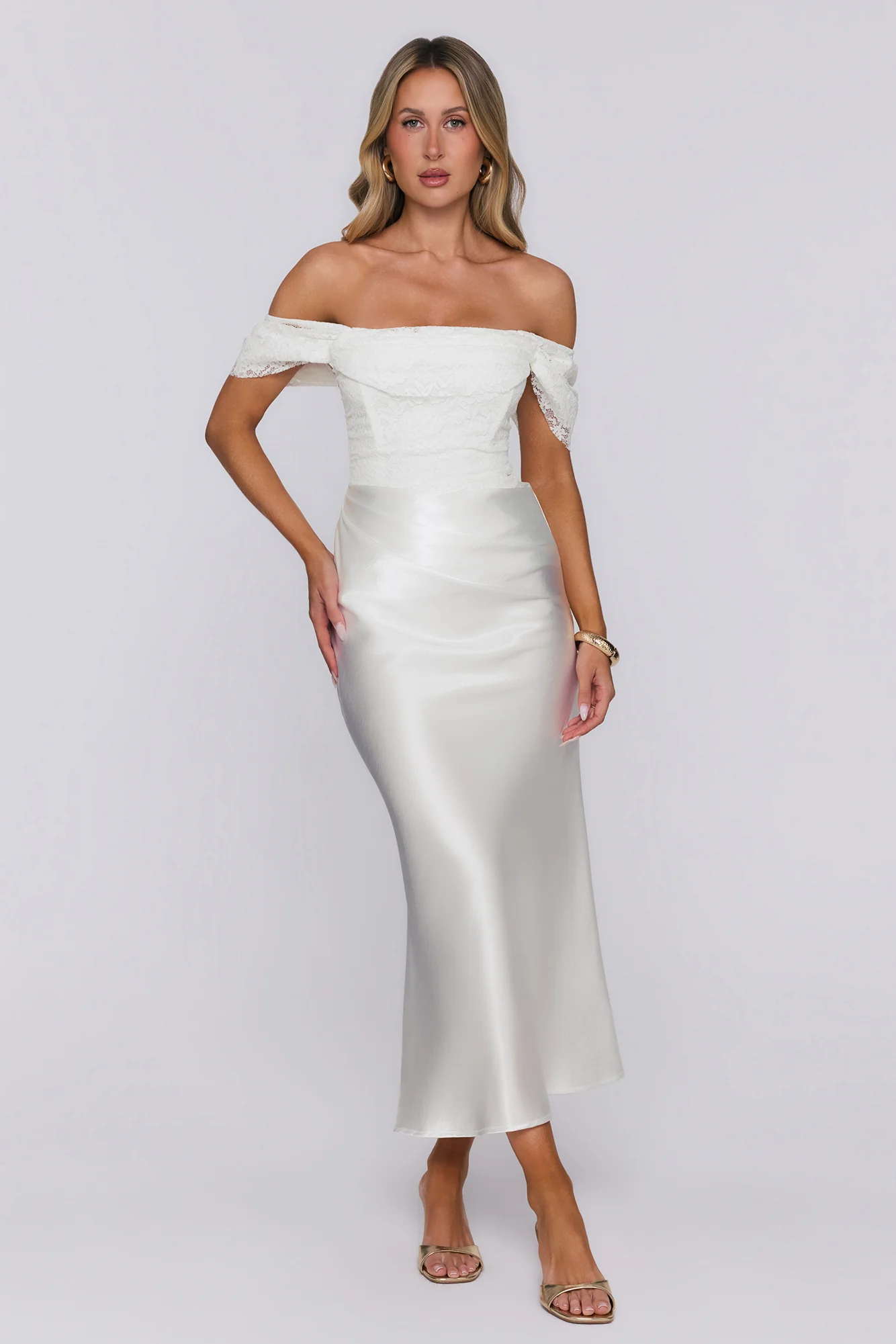 Love Looks Good Lace Satin Off Shoulder Maxi Dress White