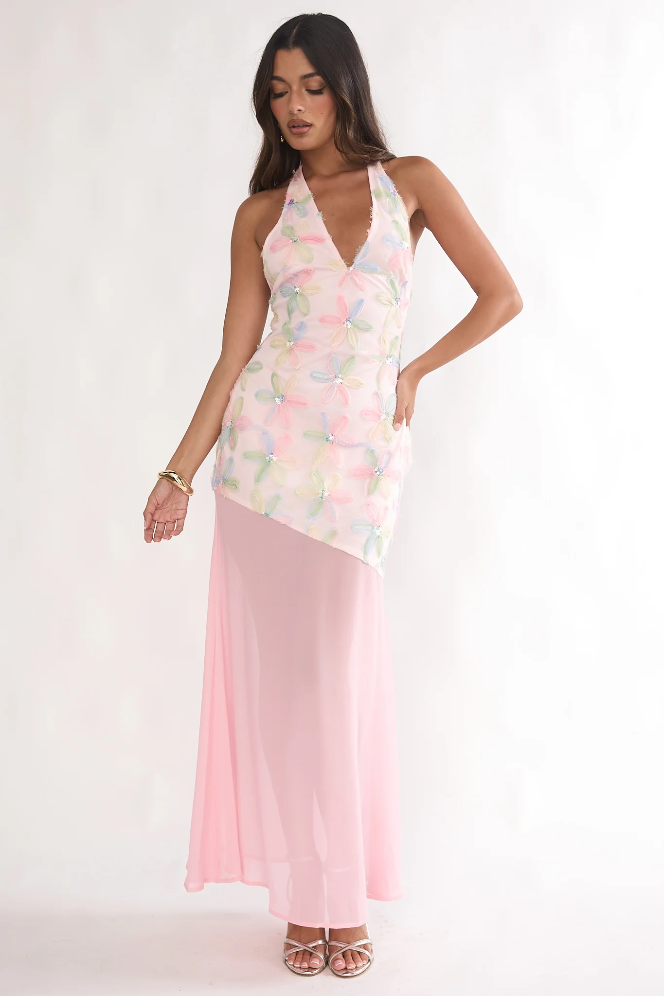 Arles Halterneck Sequin Embellished Maxi Dress Pink