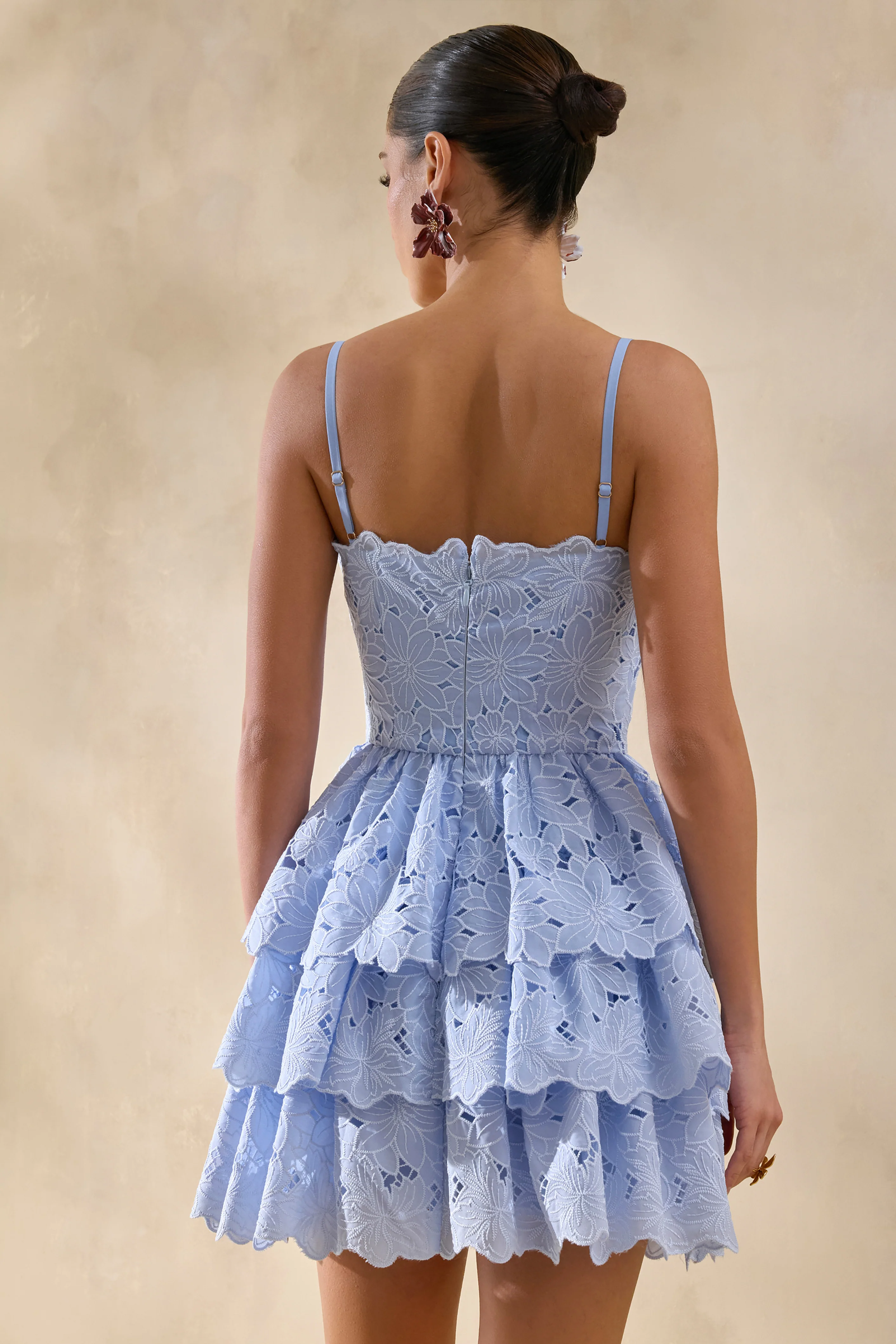 Winona | Powder Blue Lace Square-Neck Mini Dress With Ruffled Detailing