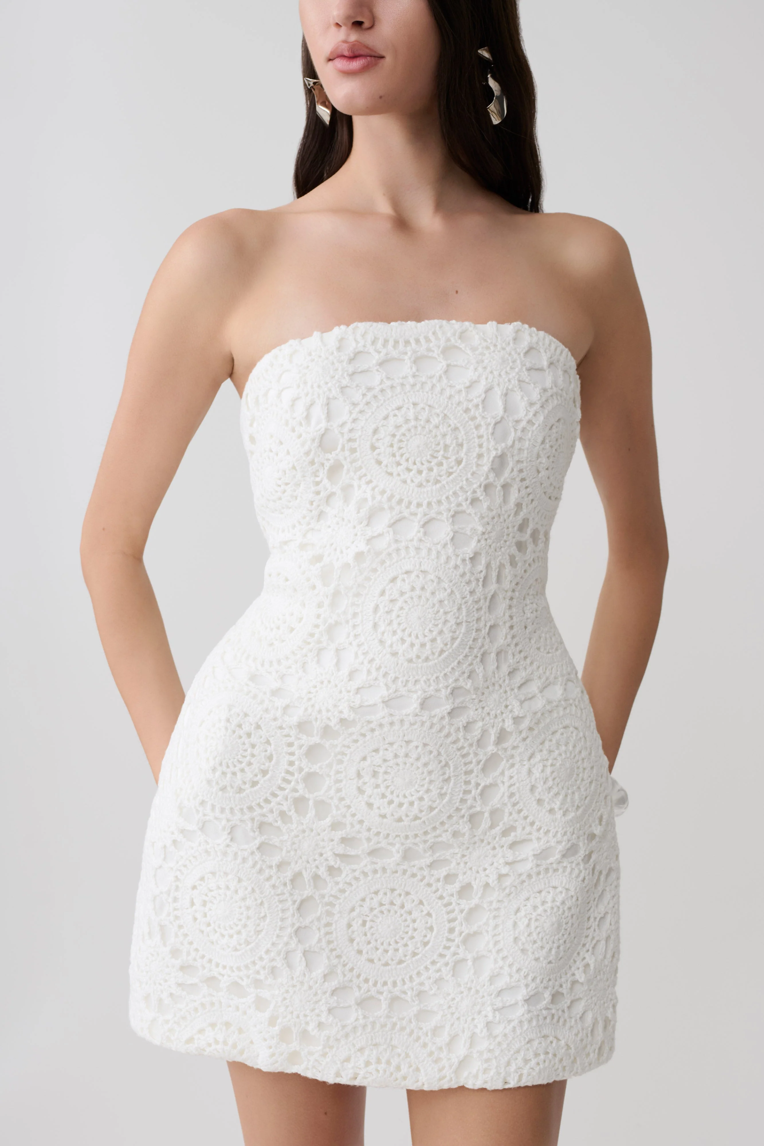 Stasia Strapless Crochet Mini Dress - White - luluinthesky
