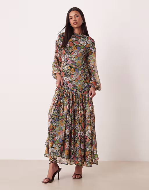 slash neck chiffon godet maxi dress in black based floral