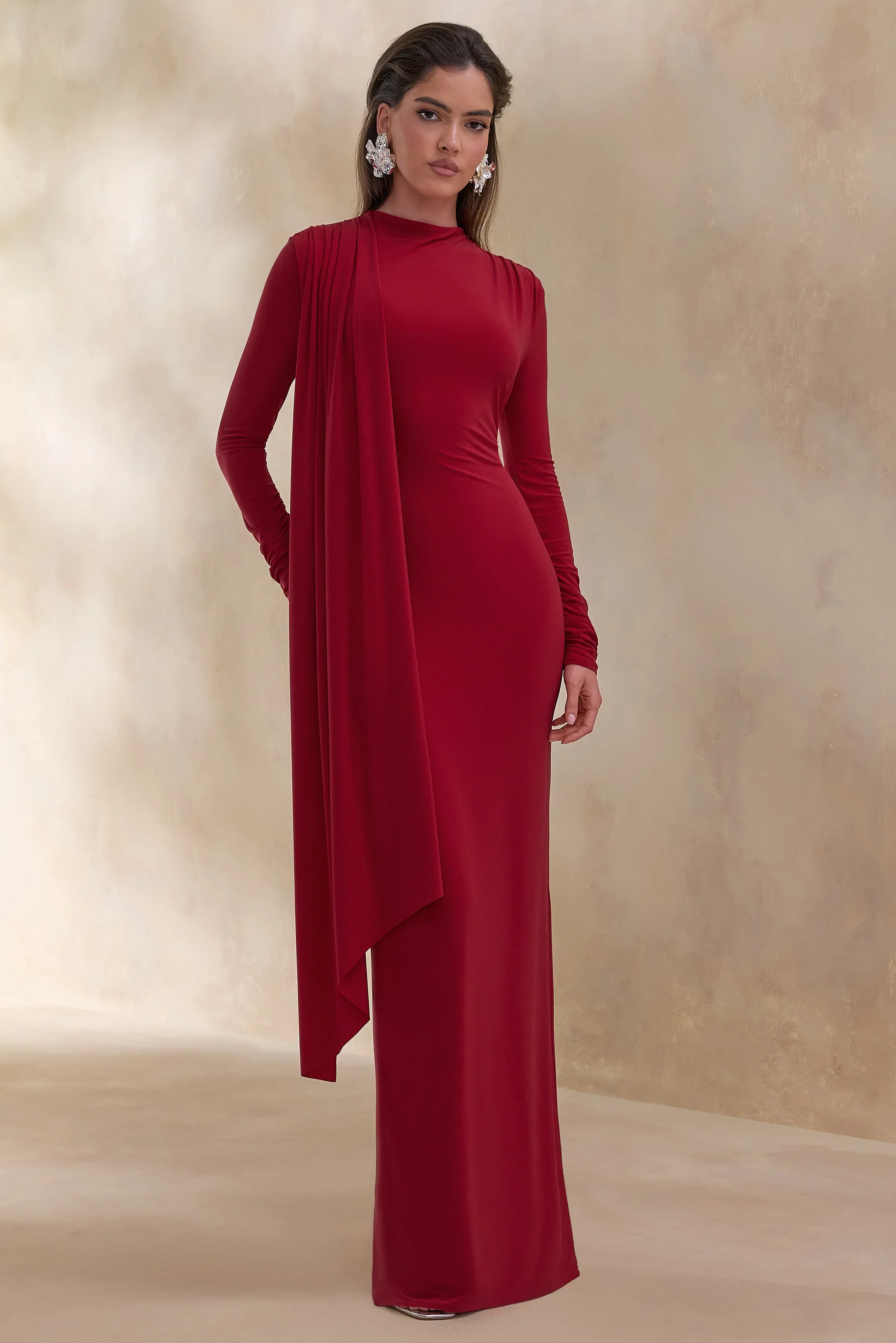 Amaria | Red High-Neck Maxi Dress With Sash-Detail