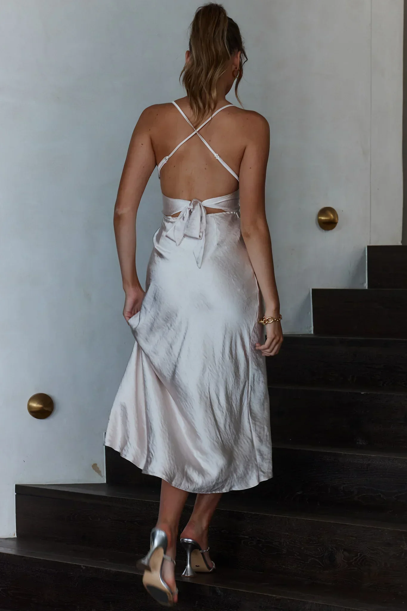 Lakoda Gathered Bust Bow Tie Back Midi Dress Champagne