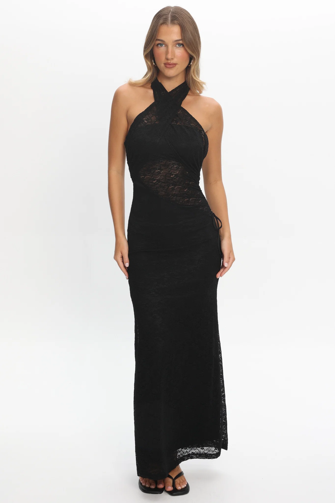 Karmella Cross-Front Lace Halter Maxi Dress Black