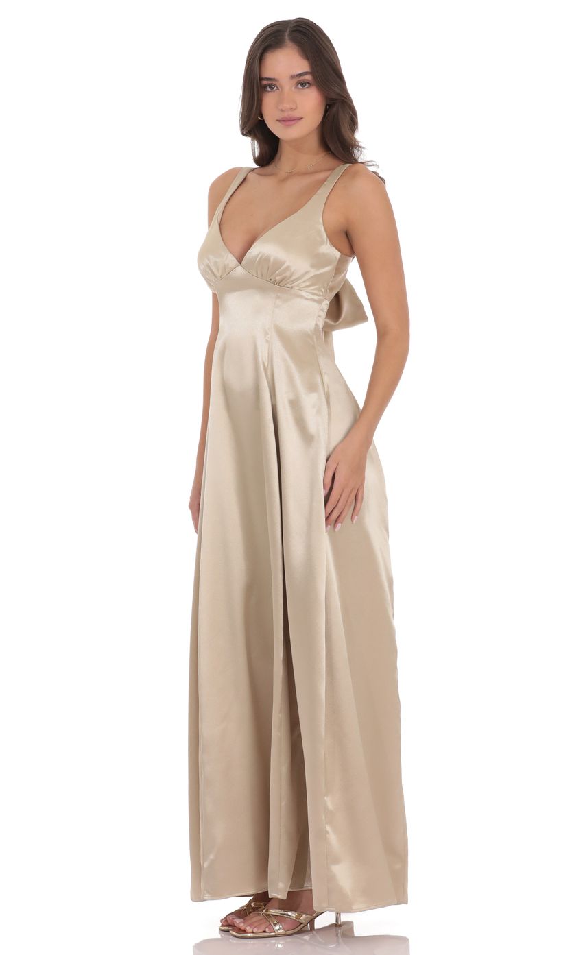 Satin V-Neck Fit and Flare Maxi Dress in Gold - FASHION NOB