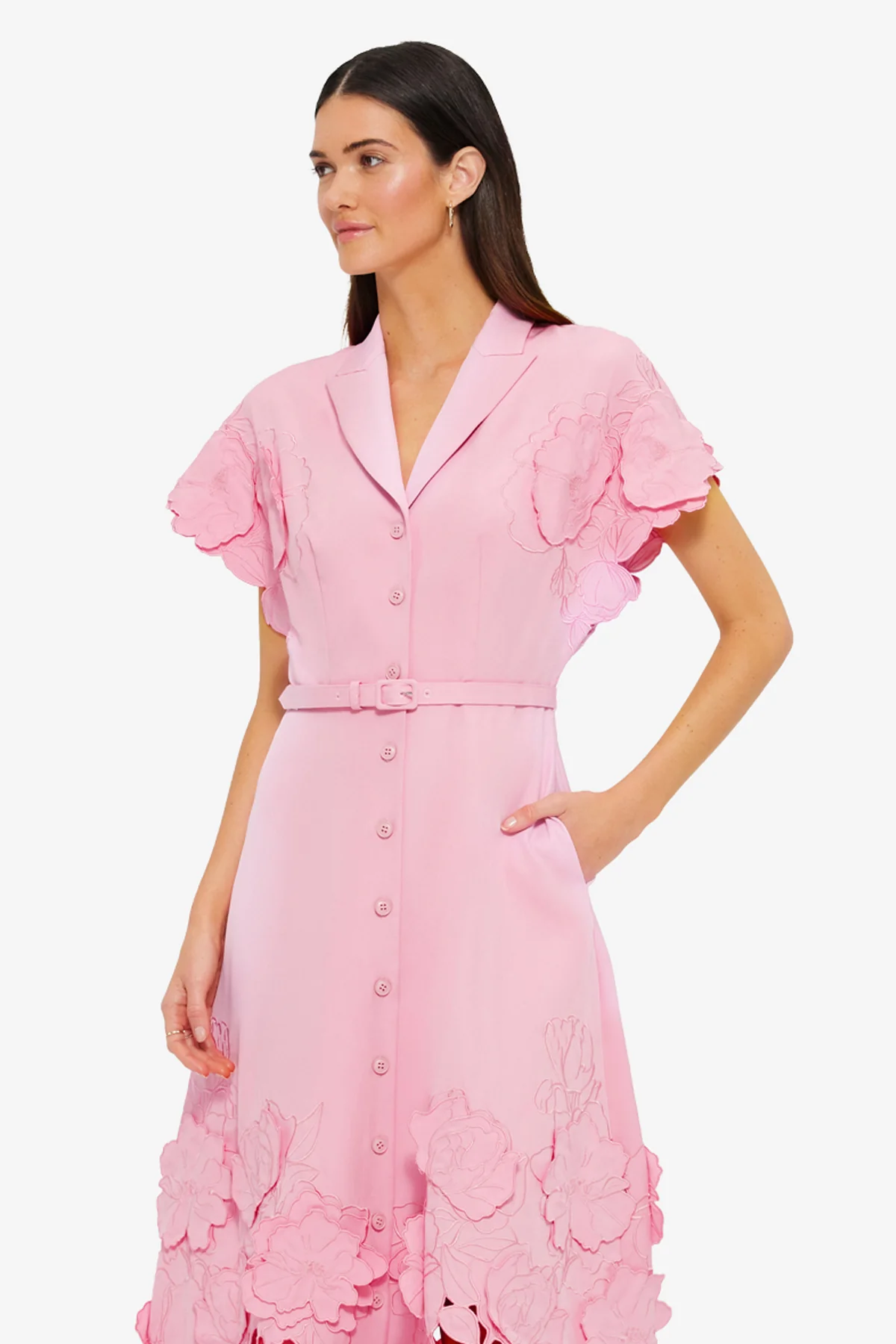 Aubrey Appliqué Shirt Midi Dress - Flamingo
