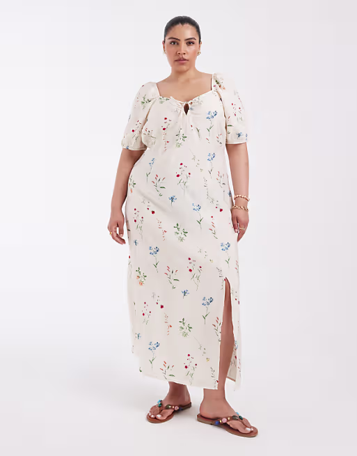 Vero Moda Curve puff sleeve tie front detail maxi dress in cream floral print
