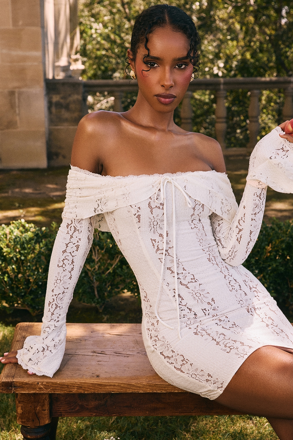 Vintage Cream Floral Lace Off Shoulder Mini Dress
