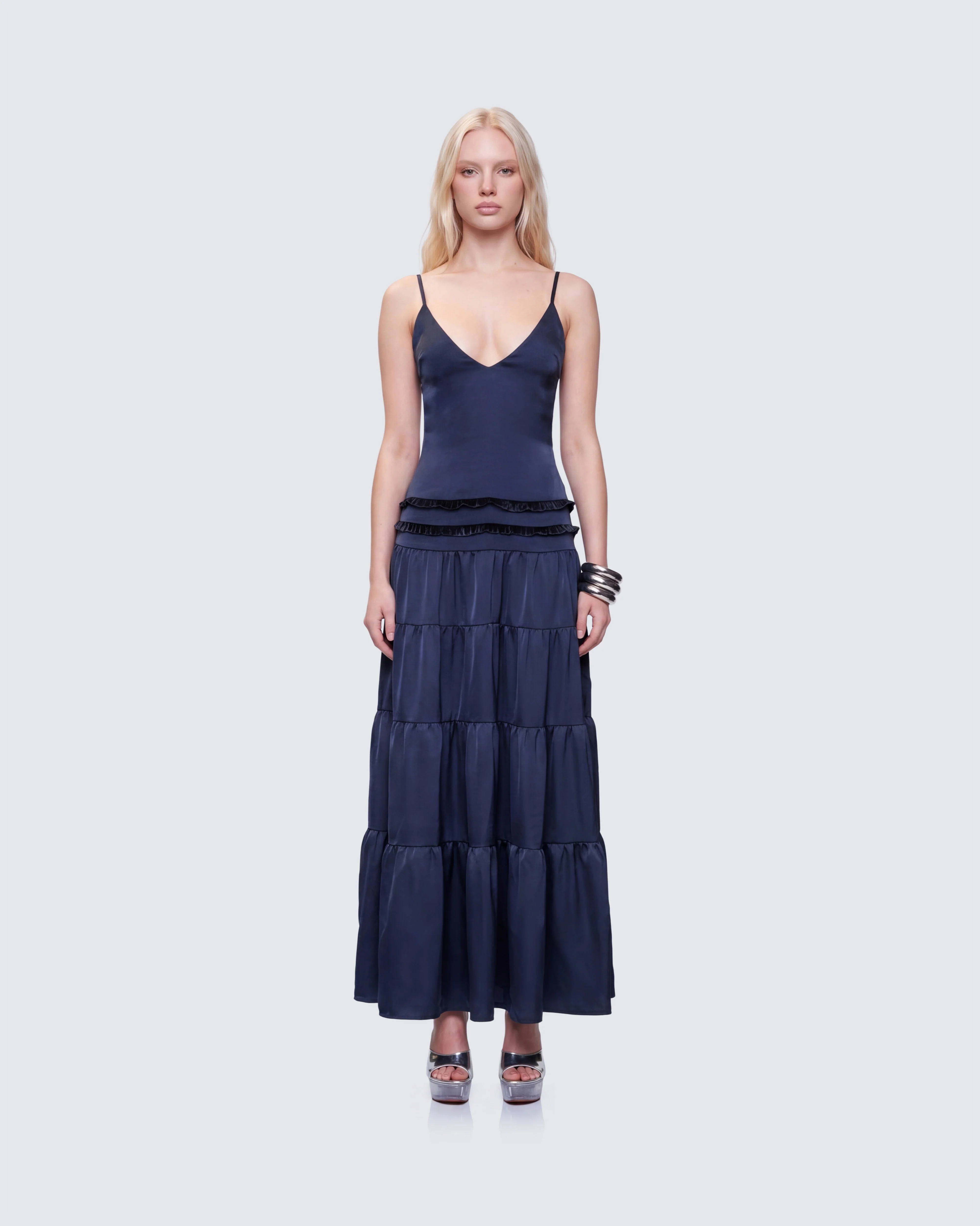 Savanna Navy Backless Satin Maxi Dress