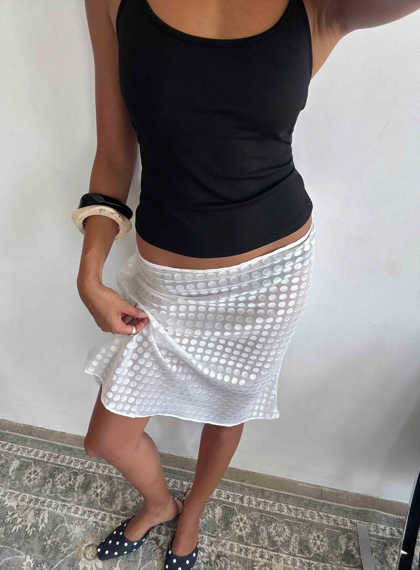 Evangela Sheer Midi Skirt White Polka Dot
