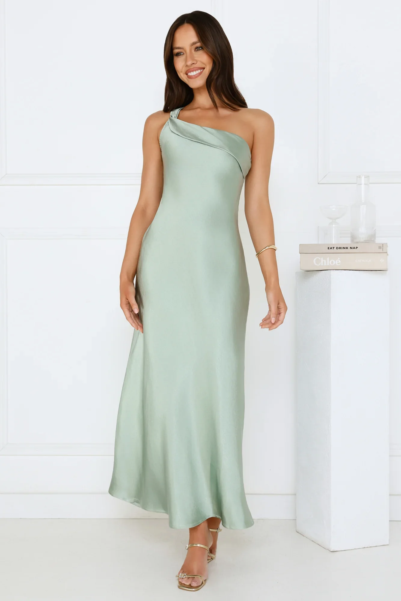 Romantic Tales Satin One Shoulder Maxi Dress Sage