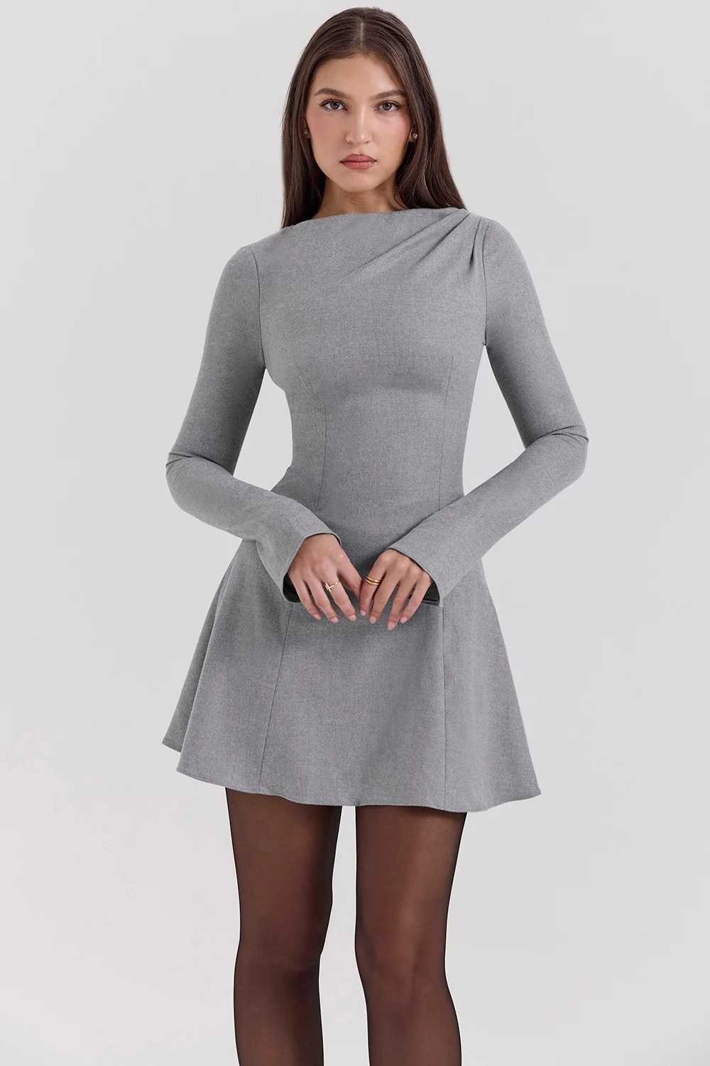 Grey A-line Long Sleeve Mini  Dress