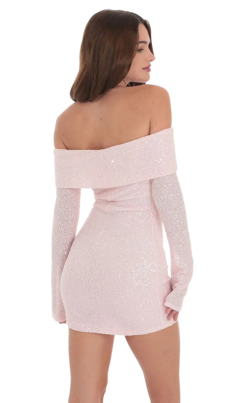 Sequin Off Shoulder Dress in Pink