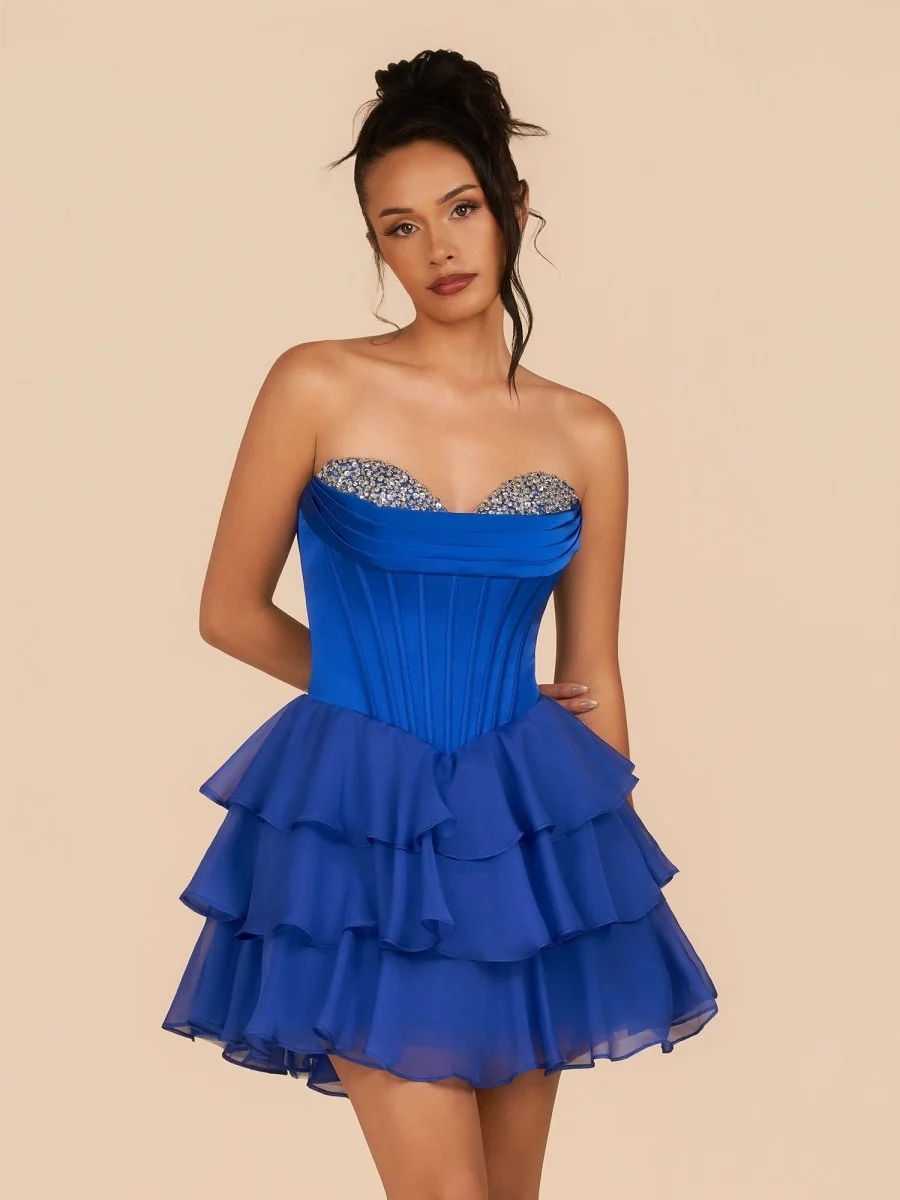 Royal Blue Strapless A Line Ruffles Homecoming Dress With Beading