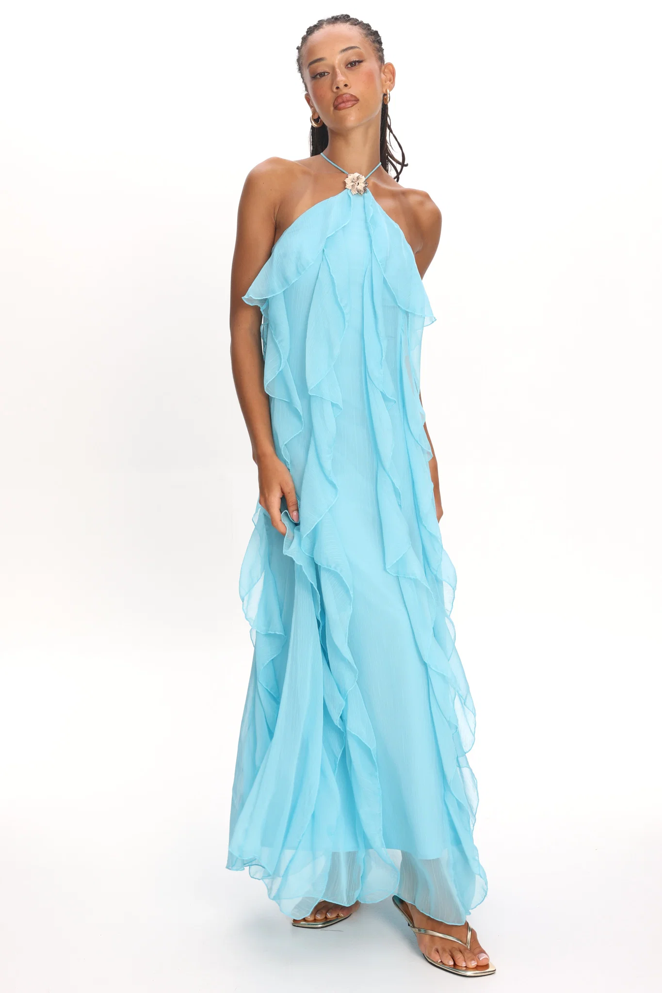 Cici Halterneck Ruffle Maxi Dress Aqua