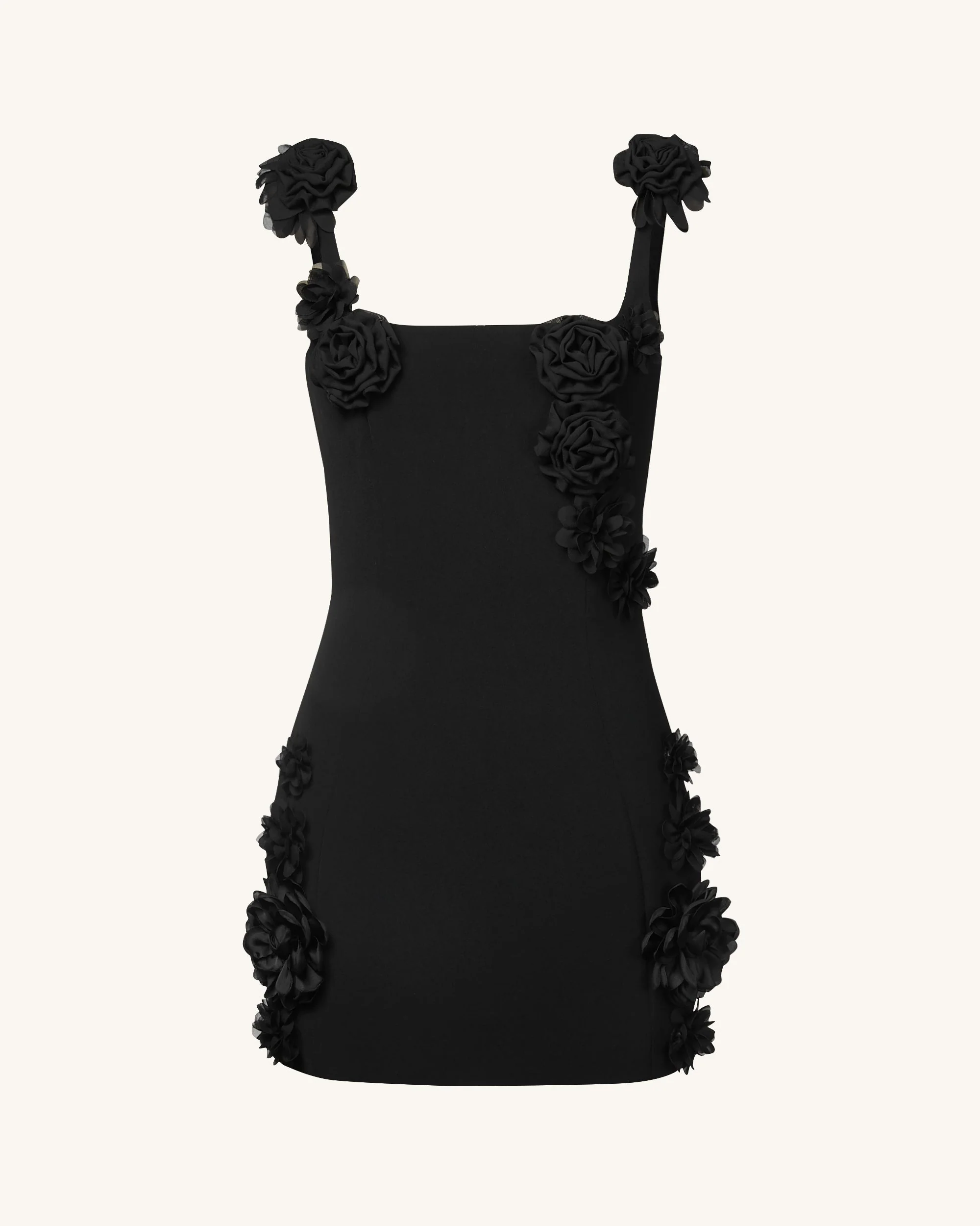 Elaina Black Rosette Applique Mini Dress - Black - FASHION NOB
