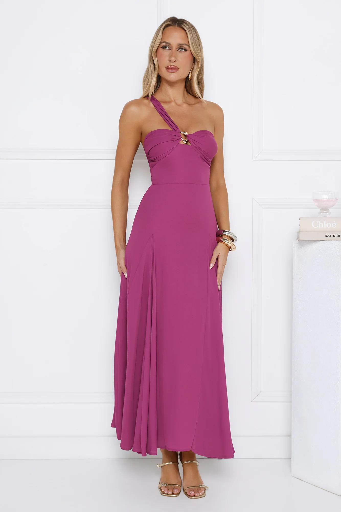 Glossed Edge One Shoulder Maxi Dress Plum