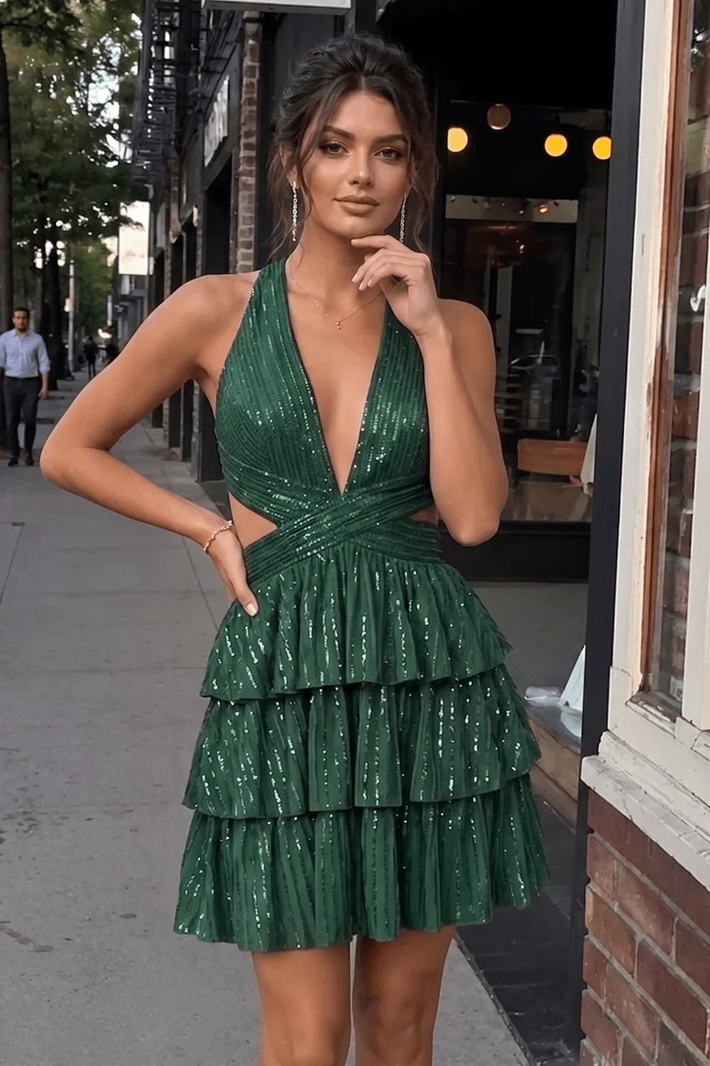 Royal Blue V Neck A Line Cutout Satin Tiered Homecoming Dress With Beading