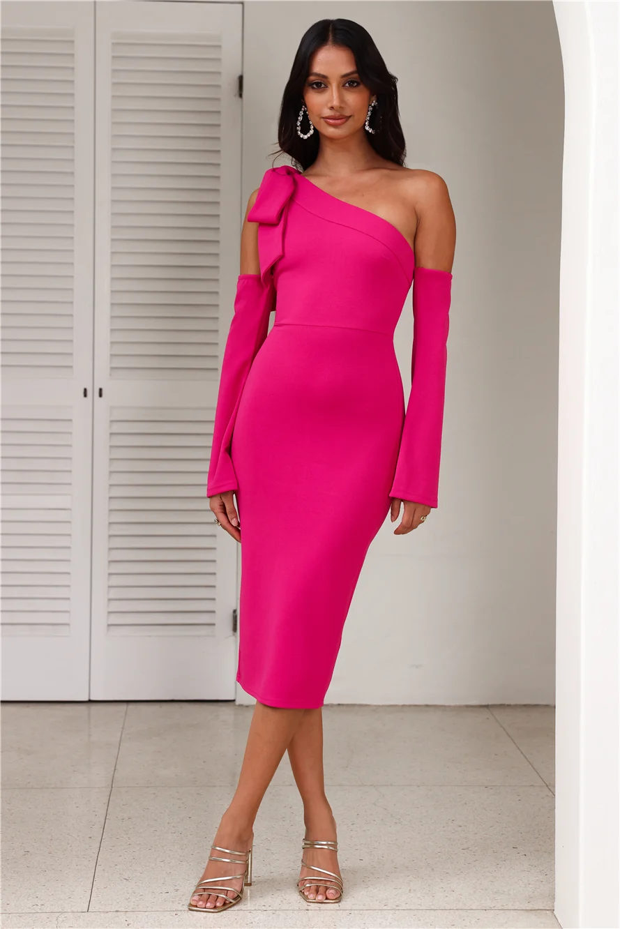 Fine Night Out Long Sleeve Midi Dress Fuchsia