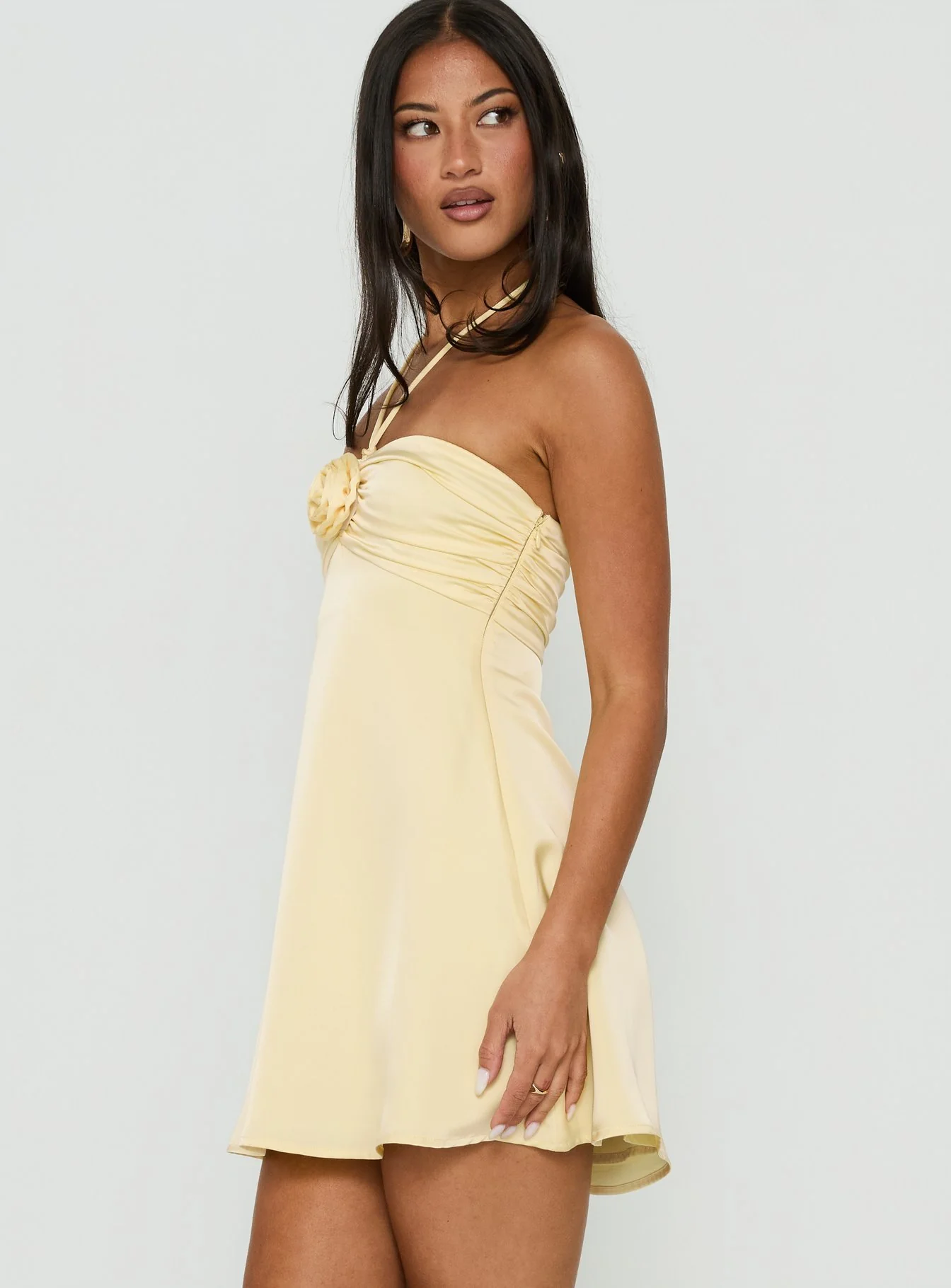 Analise Rosette Satin Halter Mini Dress Yellow - FASHION NOB