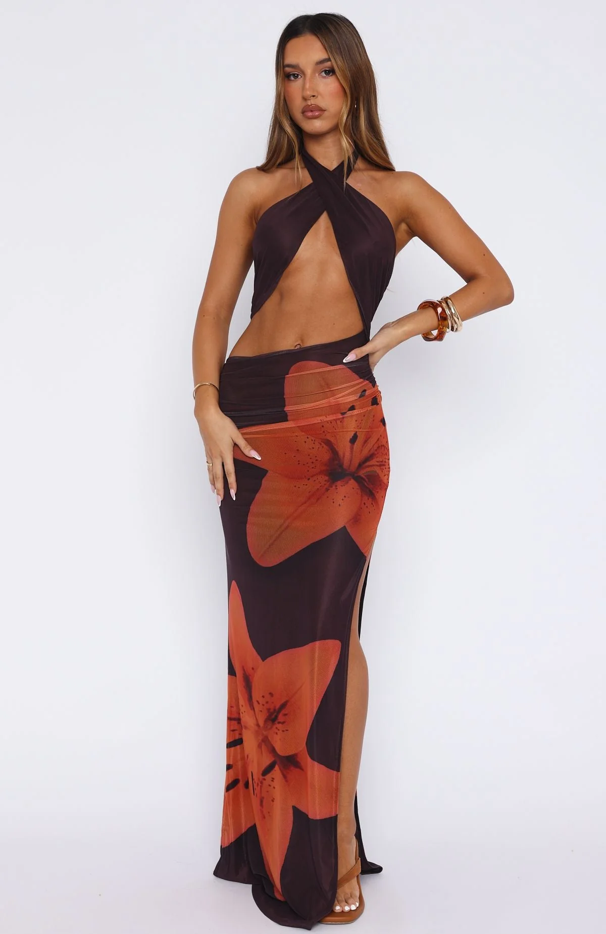 You Give Me Fever Halter Maxi Dress Tangerine Twist