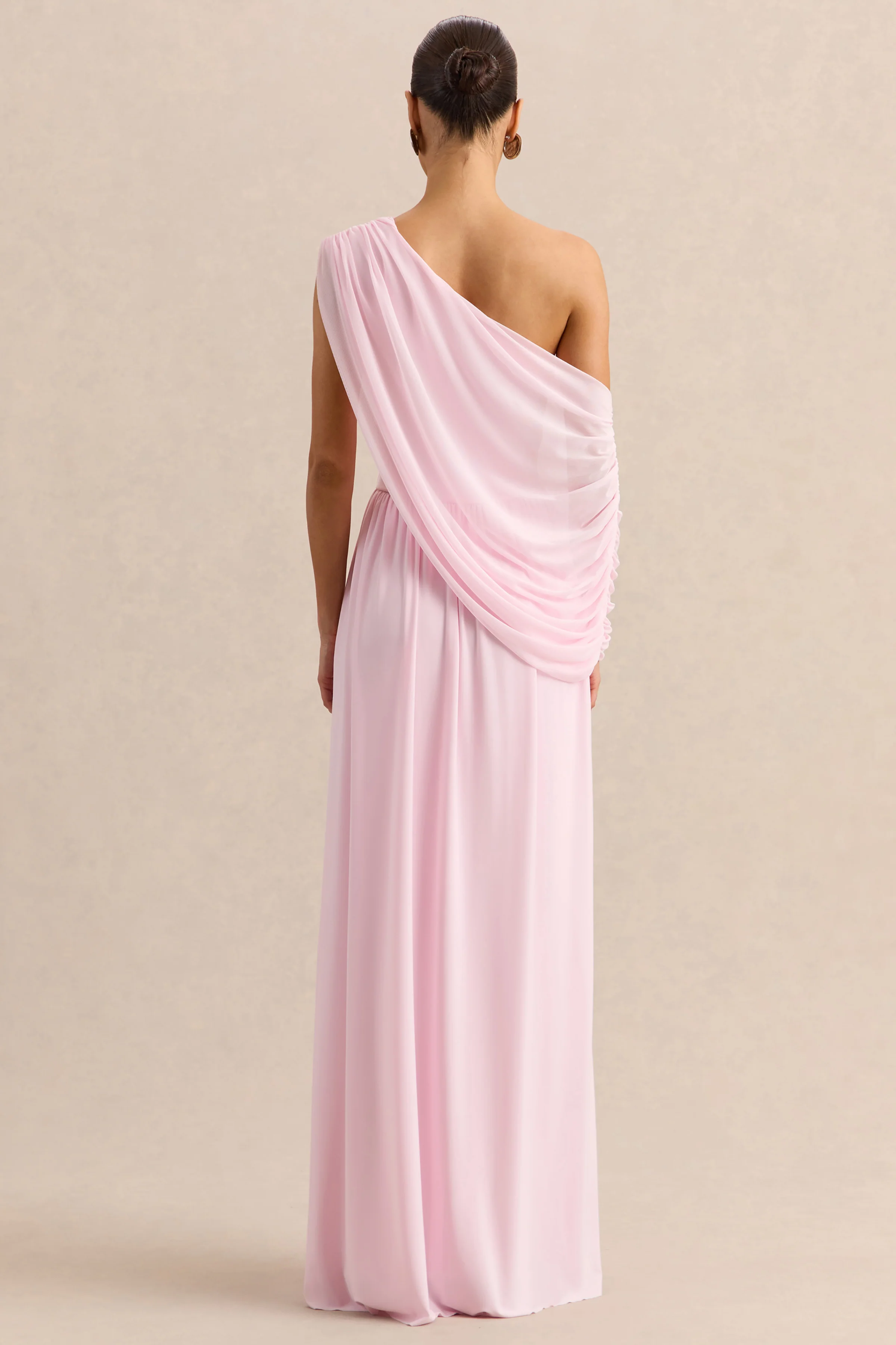 Sabianna | Pink Asymmetric-Neck Maxi Dress With Draped Detailing