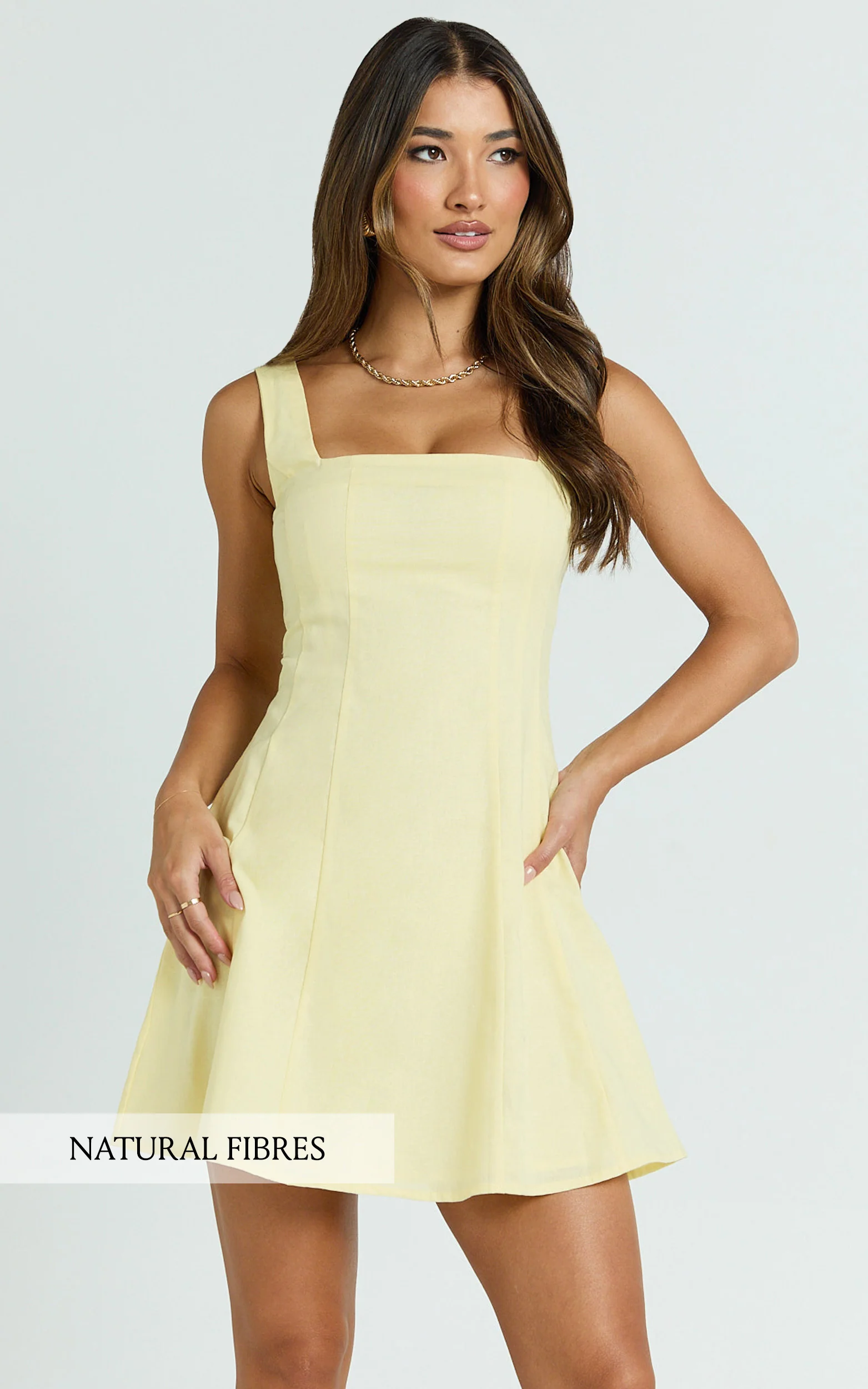 Adiana Mini Dress - Linen Square Neck Shirred Back A Line Dress in Lemon