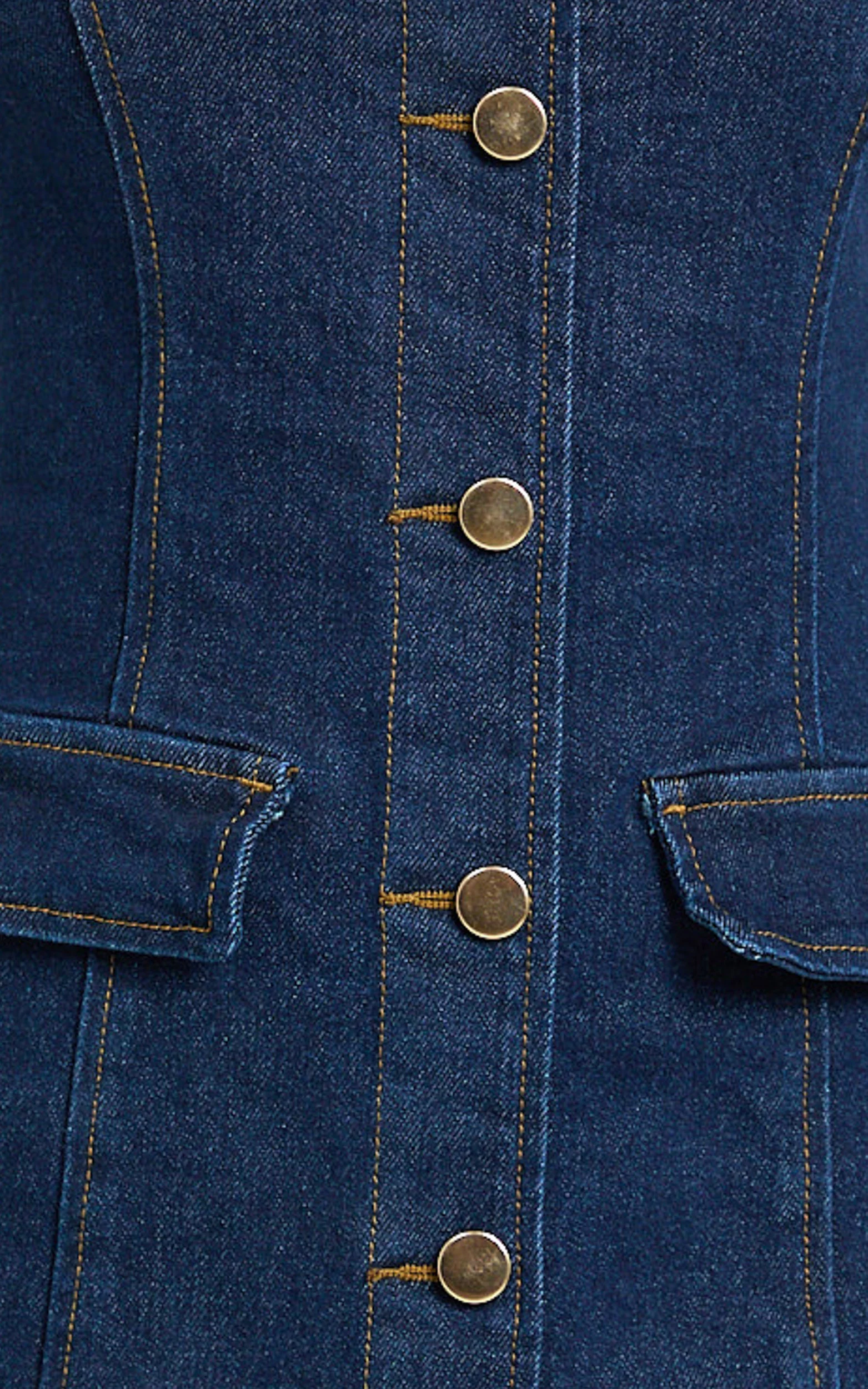 Valentina Mini Dress - Square Neck Button Down Denim Dress in Dark Blue Wash