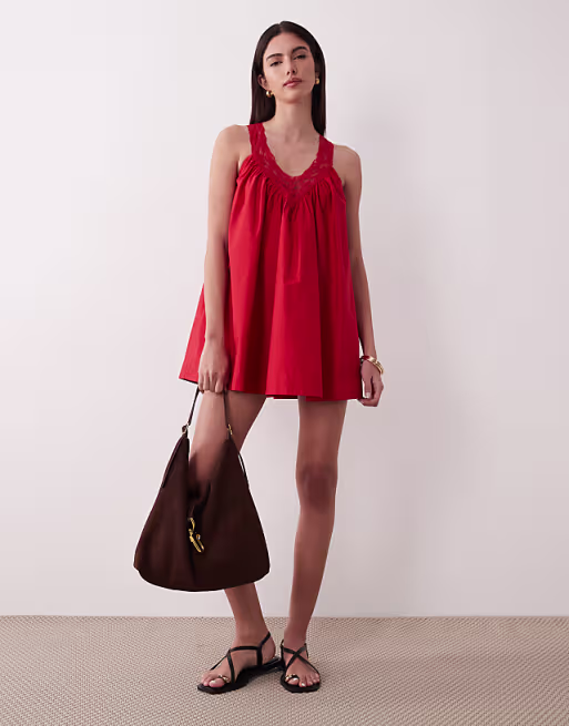 v-neck poplin mini smock sundress with lace overlay in tomato red