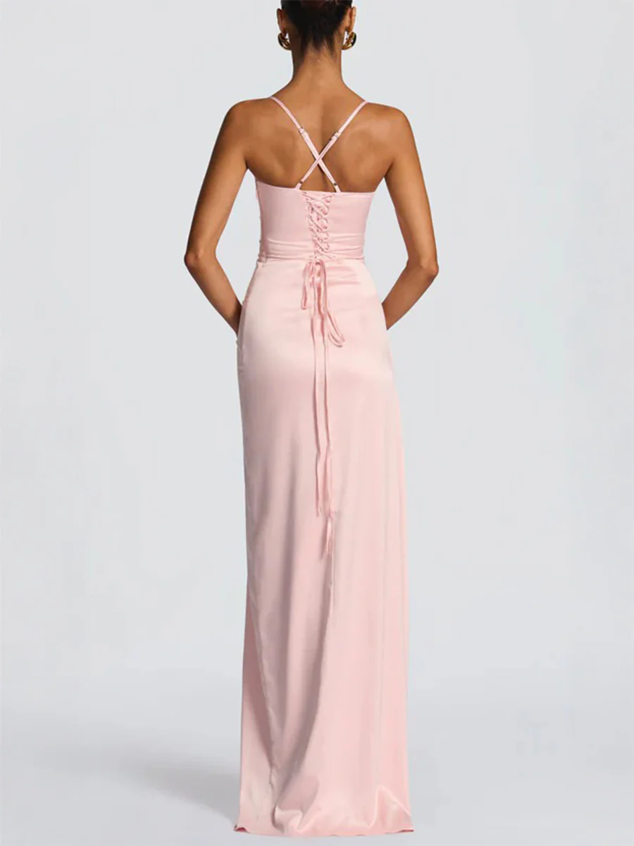 A-Line/Princess Wedding Guest Dresses Spaghetti Straps Sleeveless Floor-Length Side Split Satin Long Prom Dresses With Ruffles&Back Criss Cross Straps - luluinthesky
