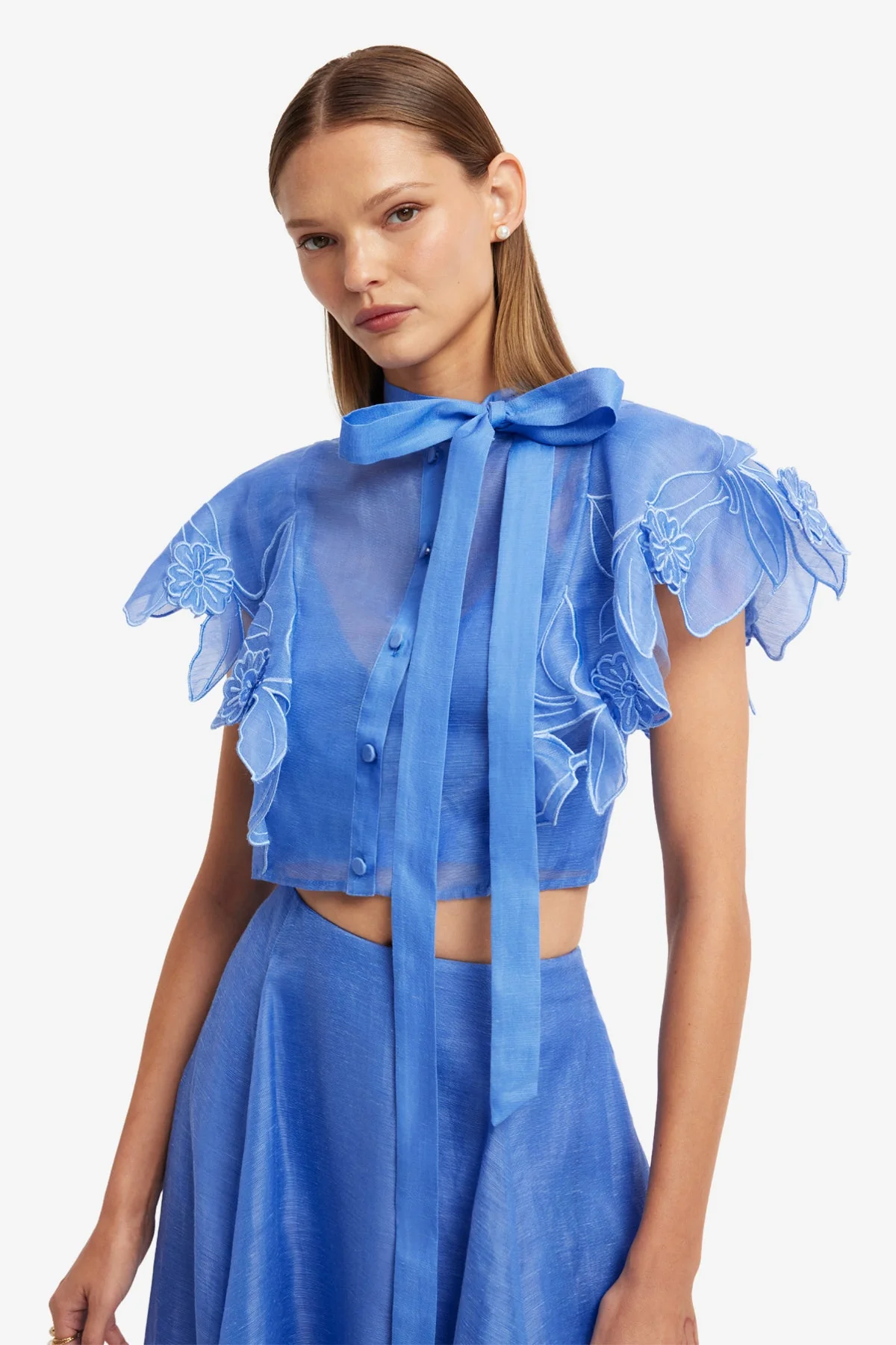 Jasmine Appliqué Flutter Sleeve Top - Azure