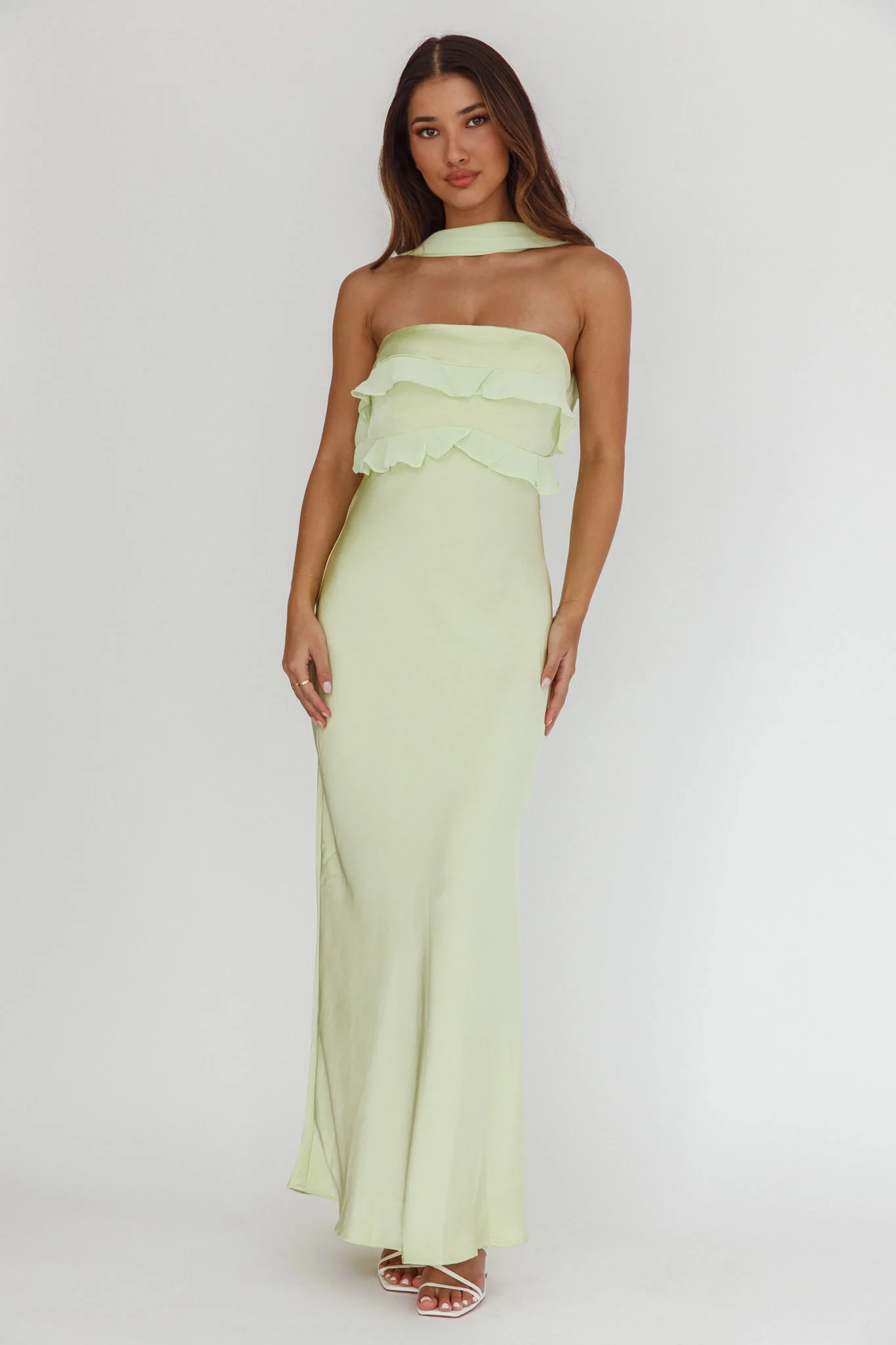 Damsel Reverse Halter Frill Trim Maxi Dress Sage